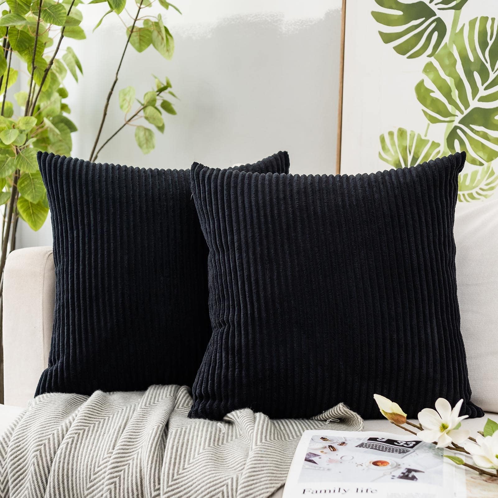 JUSPURBET Soft Throw Pillow Covers 24x24 Set of 2 Black,Decorative Luxury Corduroy Pillow Covers for Sofa Couch Bed,Square Solid Striped Cushion Case