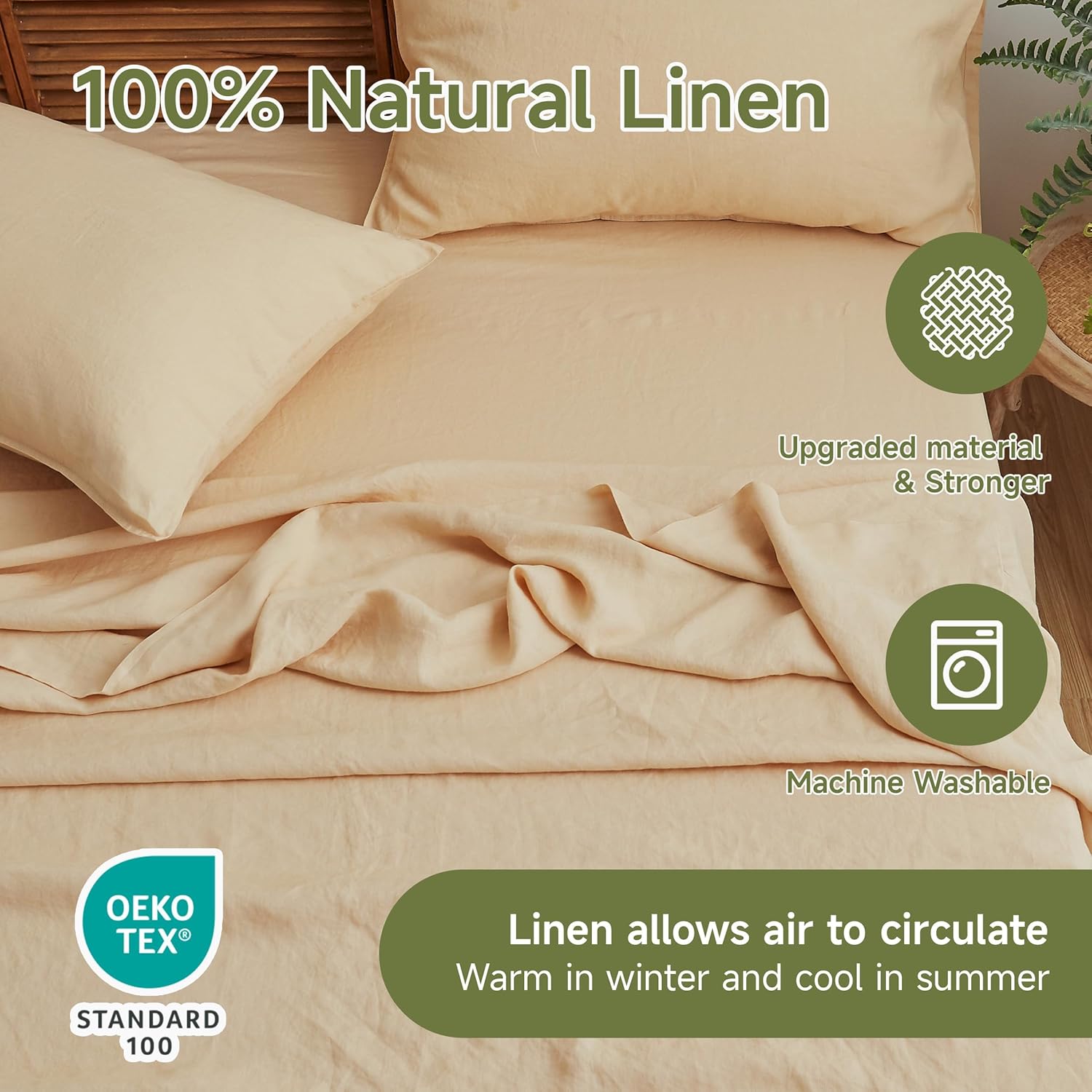 Simple&Opulence 100% Linen Sheets Full Size Set, 4 Pcs Natural French Linen Bed Sheets, Breathable Soft Durable Bedding Set for All Season (Sand, Full) - Image 4