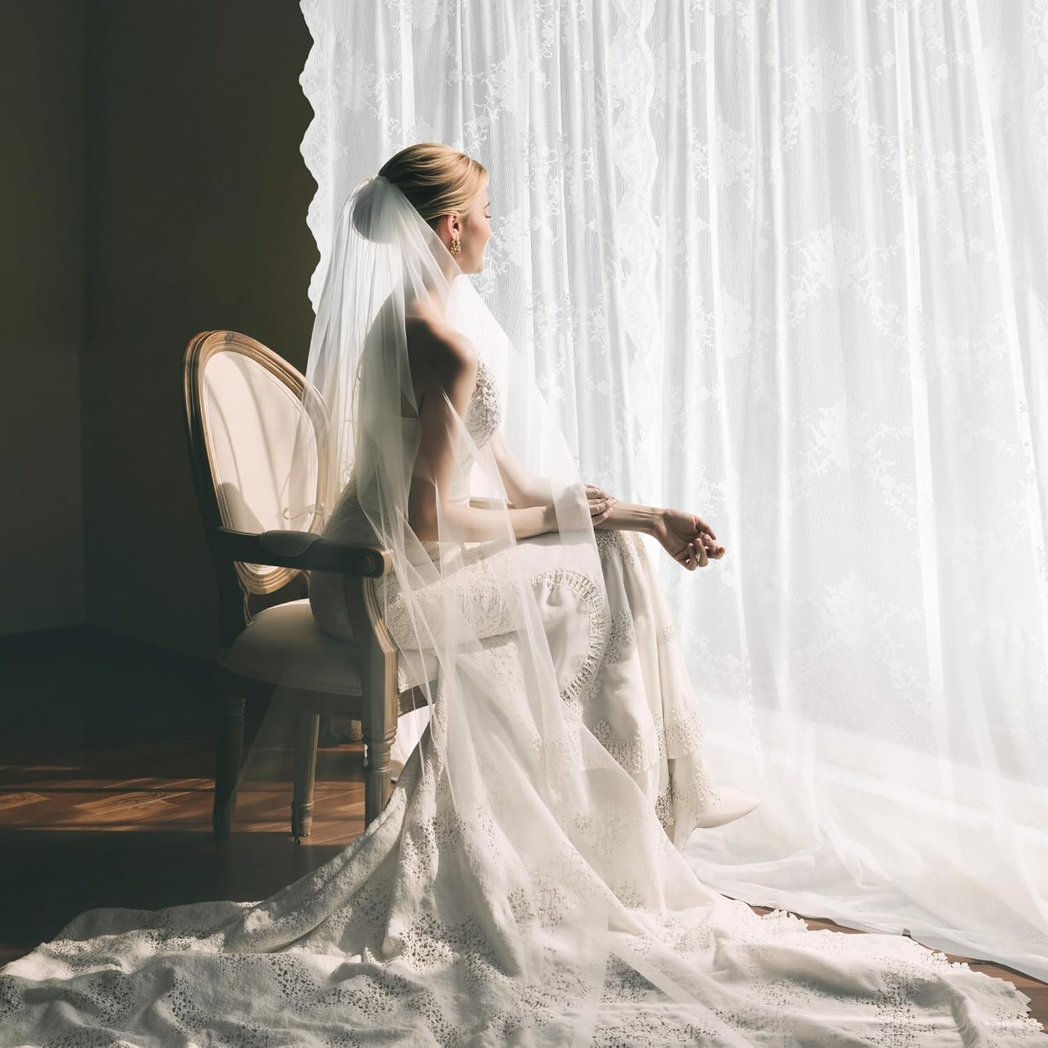 NICETOWN Ivory White Vintage Sheer Lace Curtains for Bedroom Elegant Victorian Curtains 96 Inch Length for Living Room Romantic Floral Rod Pocket French Window Drapes, 2 Panels, 52 X 96 Inch
