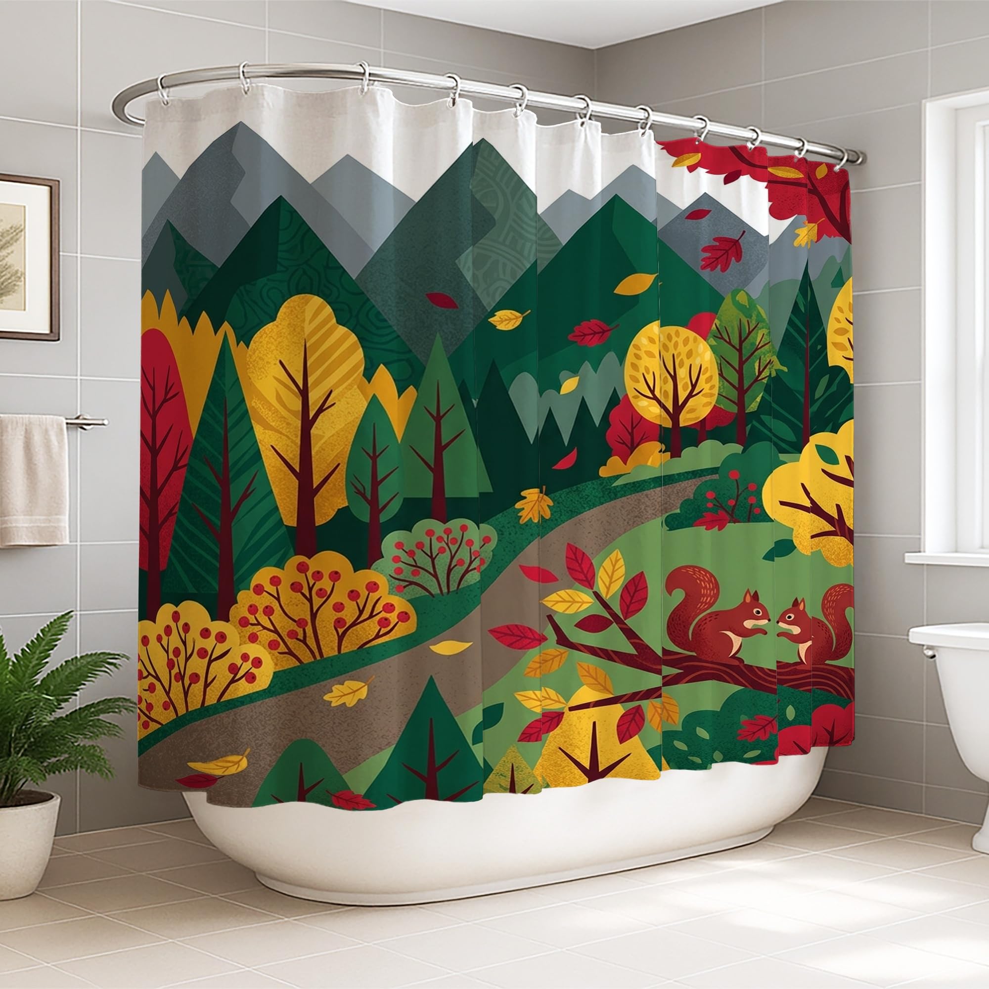 Rideau de douche motif écureuil pour créer une ambiance de montagne dans votre salle de bain