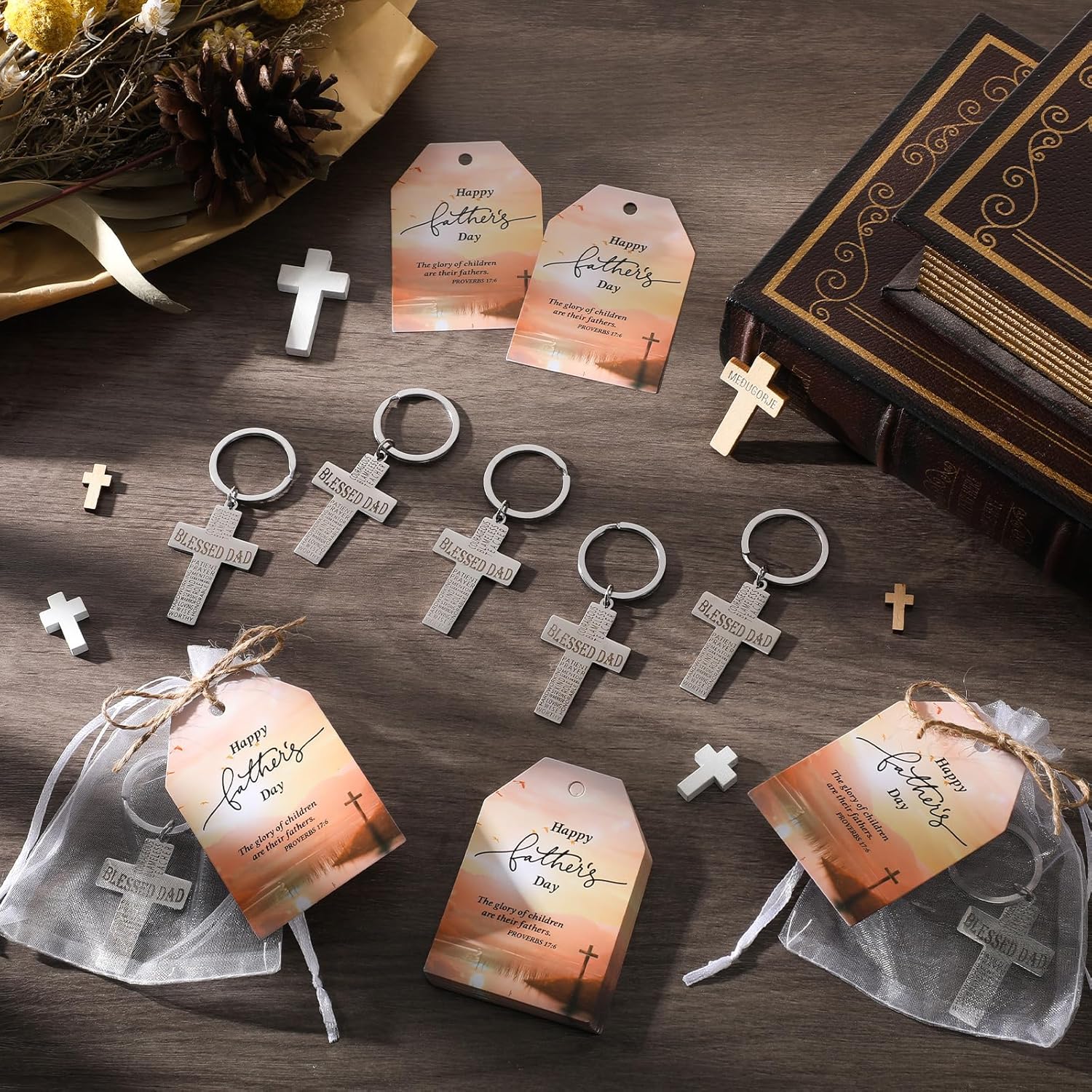 Spakon Father's Day Gifts for Church Bible Verse Keychains Blessed Dad Gifts Cards and Bags for Church Dad