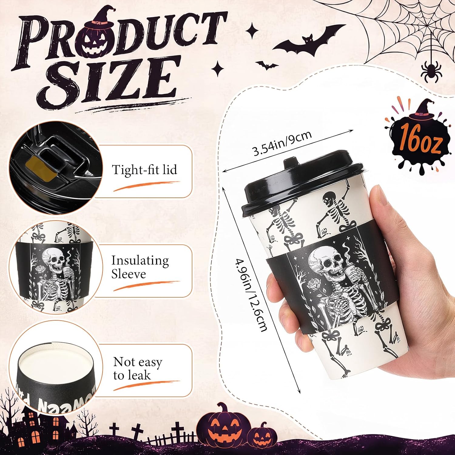 Suclain 50 Sets Halloween Disposable Coffee Cups with Lids & Sleeves, 16 oz Funny Skull Pattern Paper Cups for Hot Cold Drinks Trick or Treat Party Supplies image 2