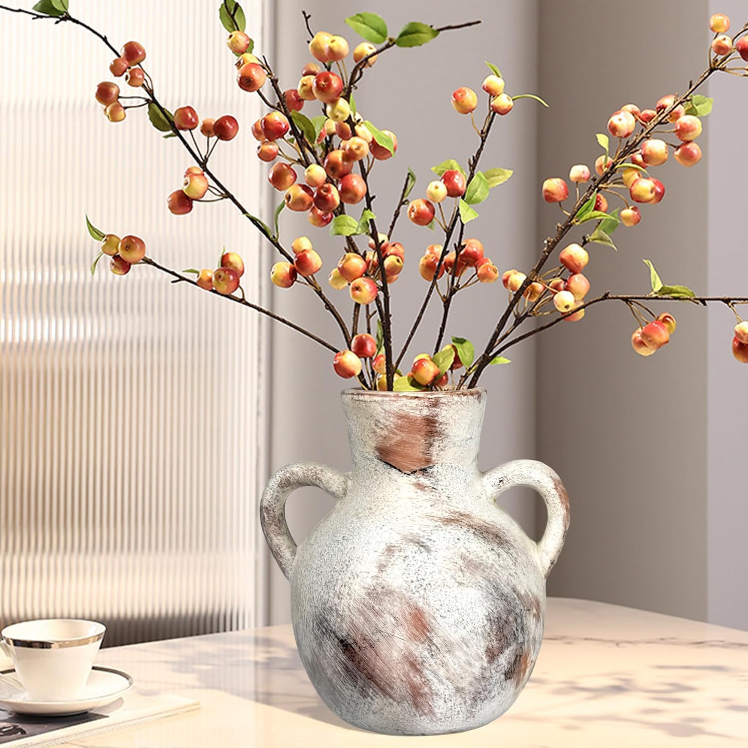 Rustic Ceramic Flower Vase with 2 Handles, Rustic Pampas Grass Vases, Farmhouse 7.5Inch Decorative, Flower Ceramic Vase for Home Decor, Table, Living Room Decoration, Office - Image 8