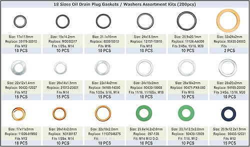 Miniatura 2 de Dsnaduo Juego de 200 piezas de 18 tamaños para tapones de drenaje de aceite maestro para Toyota, Subaru, Chevrolet Reemplazar 90430-12031, MD050317,