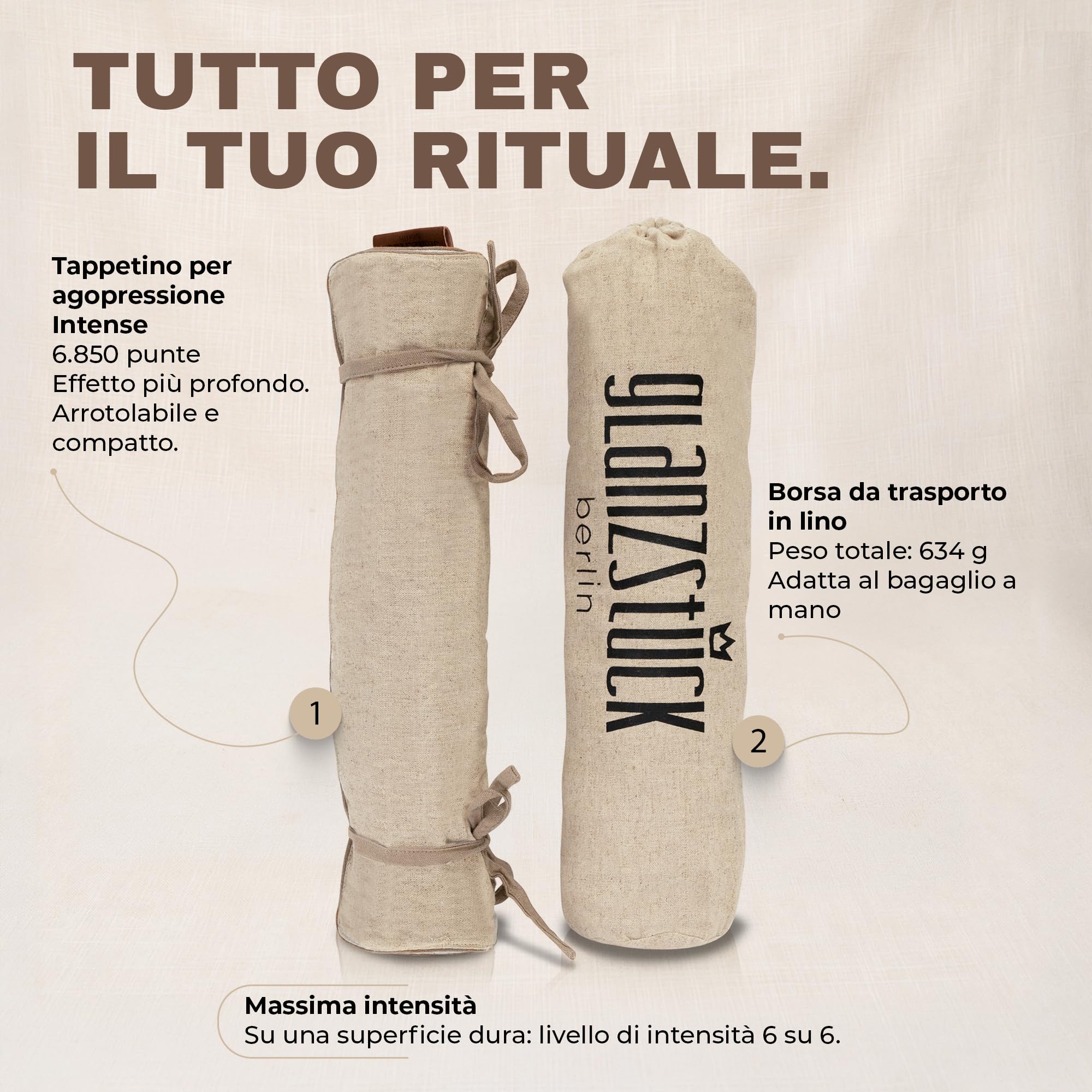 Glanzstück Berlin® Health Collection: Set di tappetini per agopressione XL TO GO Intense in lino, aiuto in caso di tensioni, mal di schiena, tappetino massaggiante con custodia, sostenibile