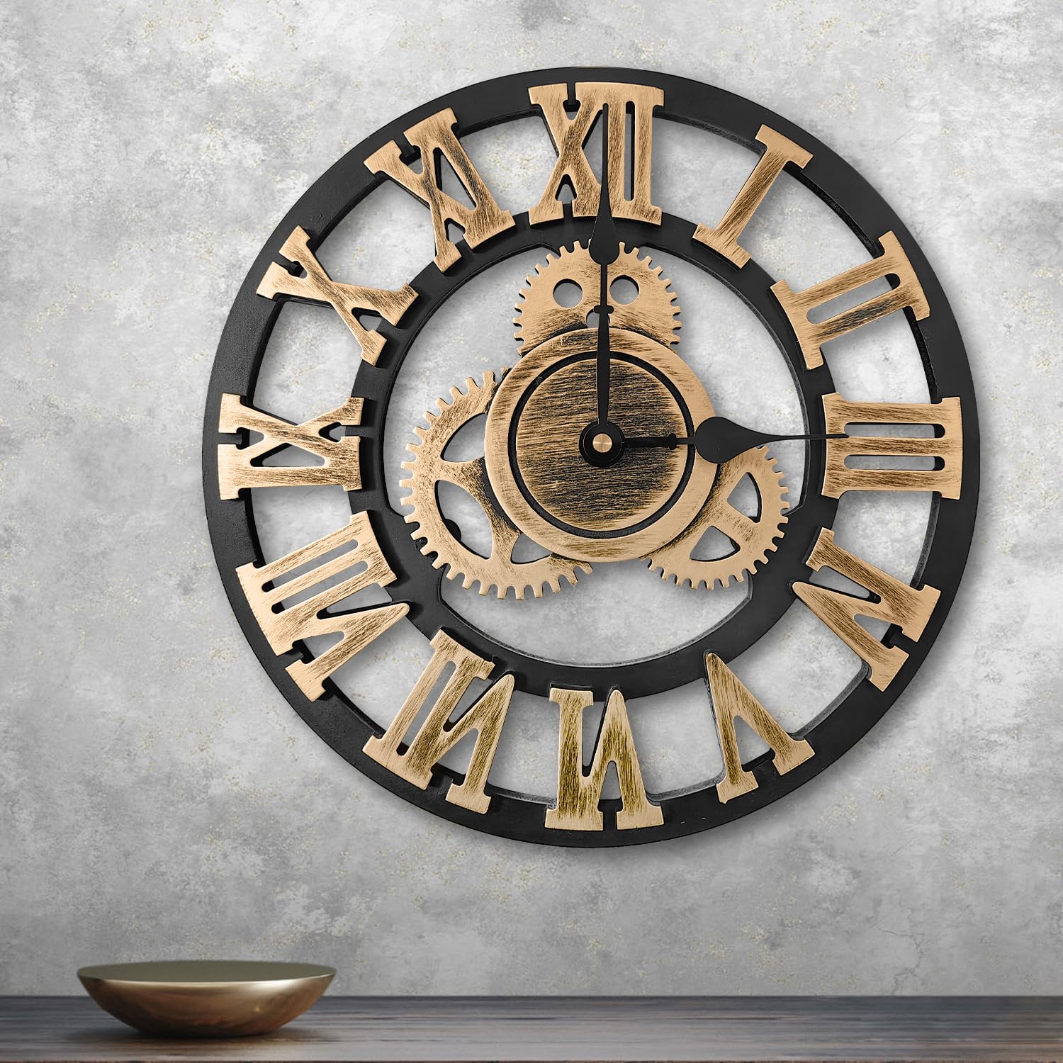 Reloj de Pared de Madera de Cuarzo con Números Romanos con Engranajes Vistos, Silencioso, no Hace tictac, para Sala de Estar, Dormitorio, Oficina, Cocina (30 CM, Roman Numerals)