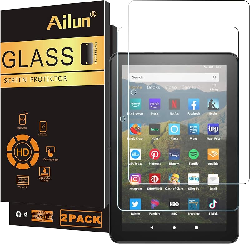 Ailun Screen Protector for Amazon Kindle Fire HD 8/8 Plus/Kids 2022&2020 | 2 Pack, 8 Inch, 0.33mm, Tempered Glass, Ultra Clear, Anti-Scratch, Case Friendly