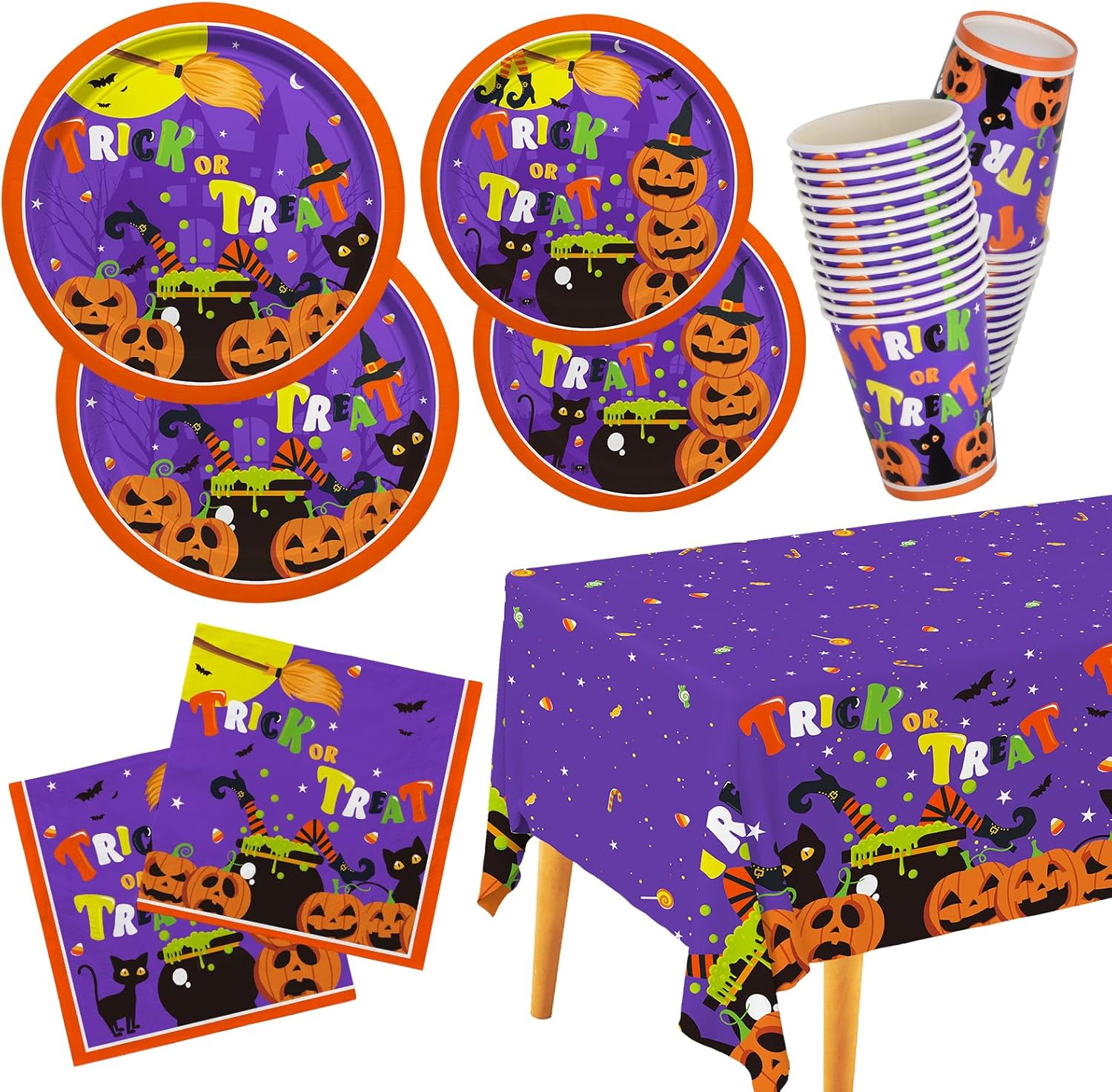 Halloween Party Supplies Kit Serve 25, Halloween Witch Pumpkin Design Includes Disposable Dinner Plates, Dessert Plates, Napkins, Cups and Tablecloth,Birthday Party Decorations