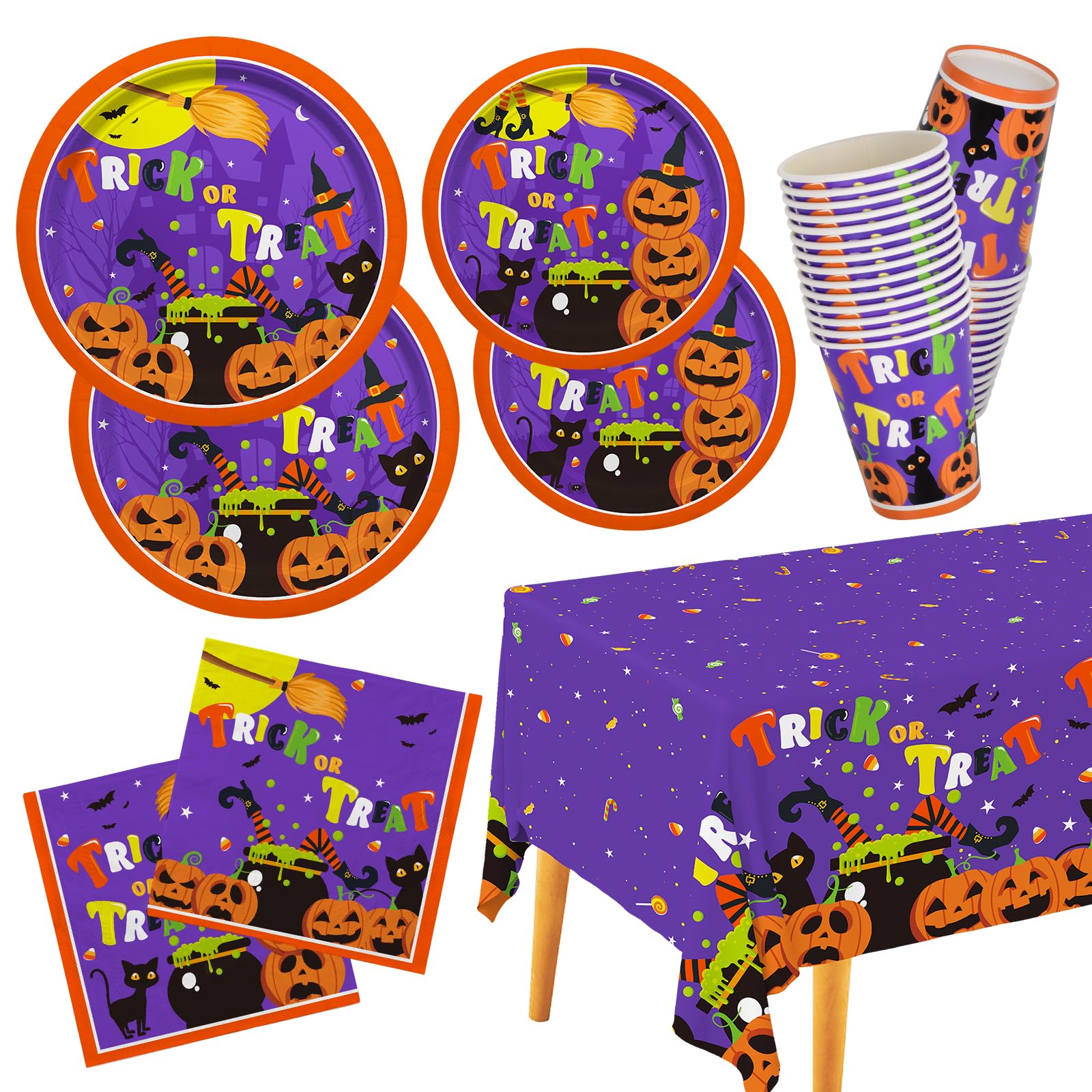 Halloween Party Supplies Kit Serve 25, Halloween Witch Pumpkin Design Includes Disposable Dinner Plates, Dessert Plates, Napkins, Cups and Tablecloth,Birthday Party Decorations