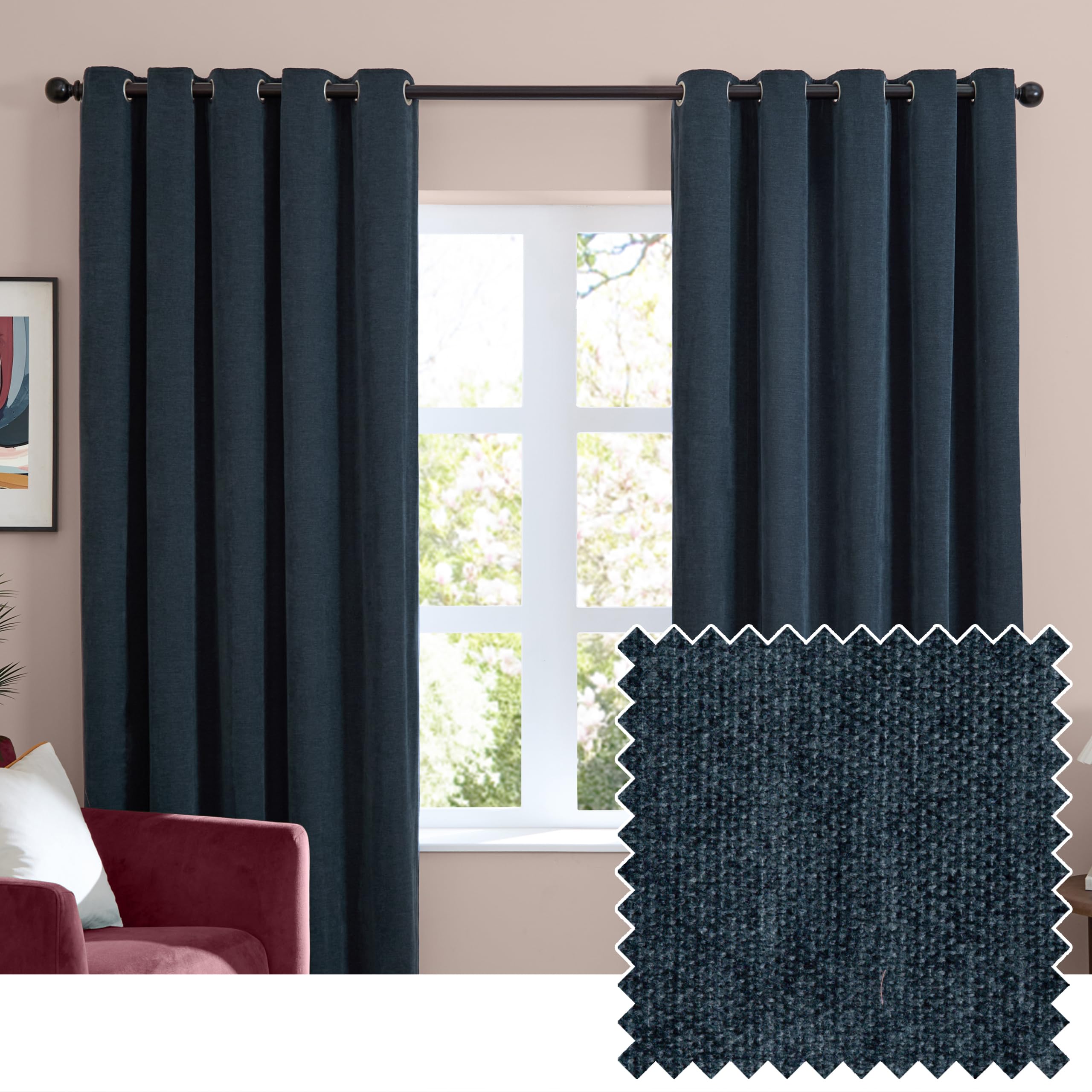 furn. Soft Chenille Blackout Eyelet Curtain Pair – Soft Touch Matt Textured Lined Minimalist Curtains (Navy - 229x137cm)