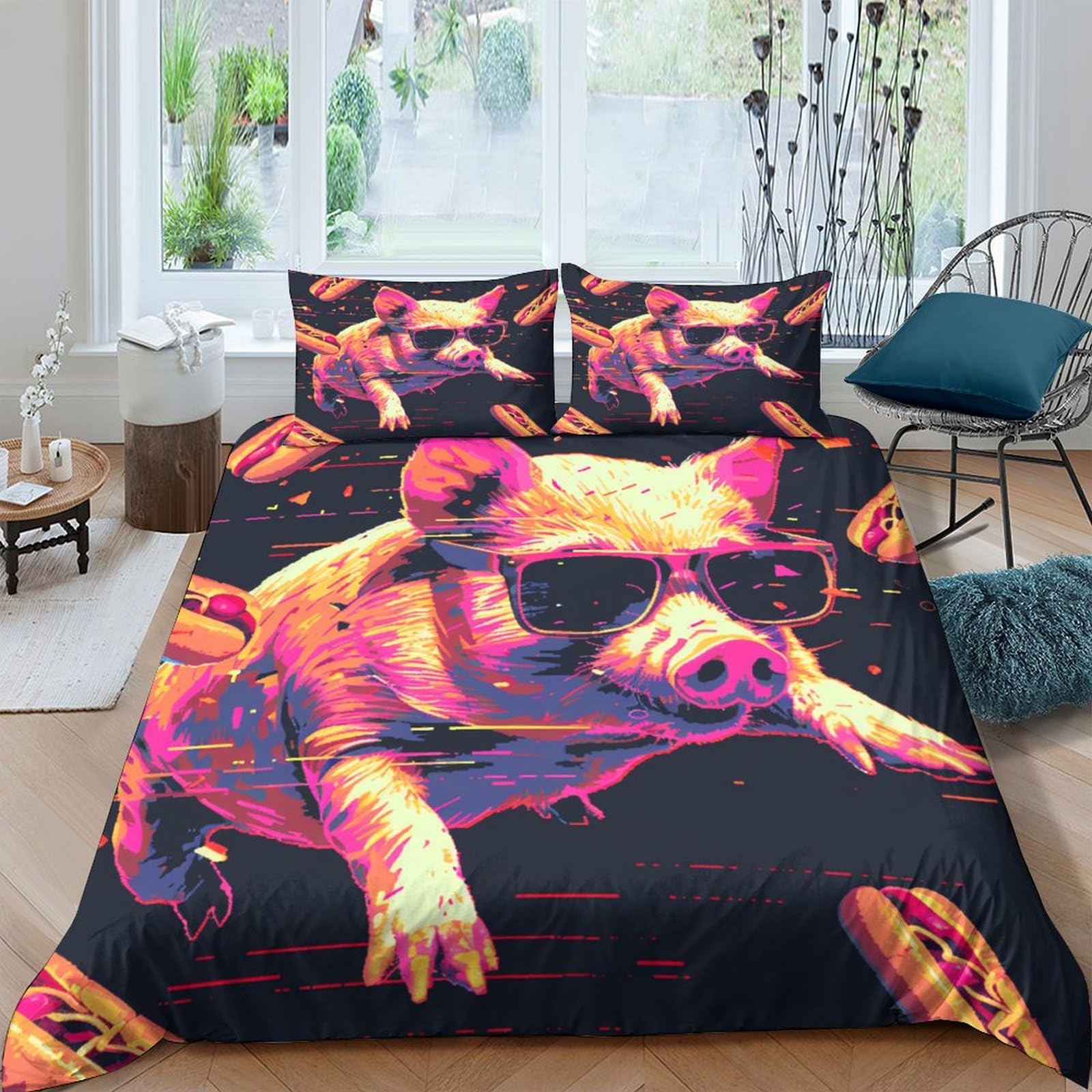 Housse de couette hypoallergénique microfibre douce motif cochon numérique King size