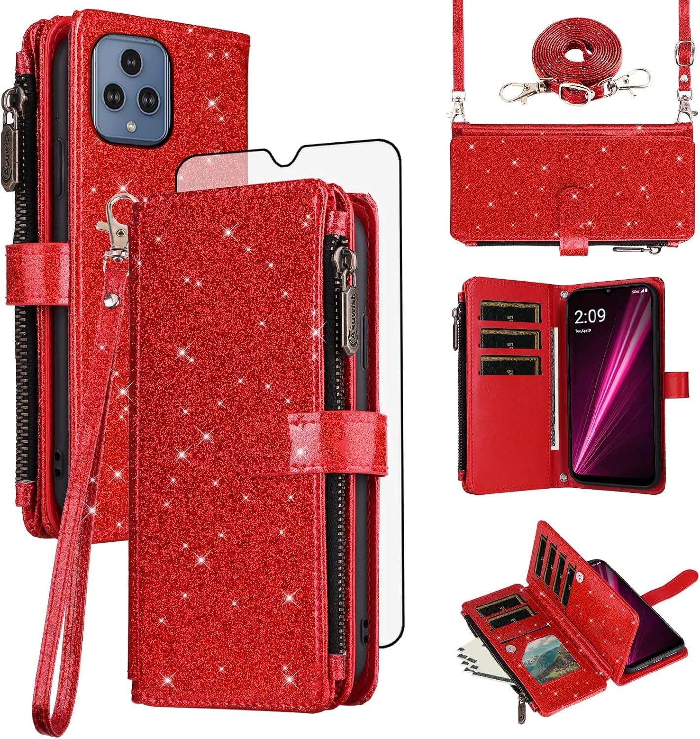 Asuwish Phone Case for T-Mobile Revvl 6/6X 5G Wallet Cell Cover with Screen Protector Strap Glitter Flip Credit Card Holder Tmobile Revvl6 X Revvl6X T Mobile Revvl6X5G Revel Tmo Revell Rebel TCL Red