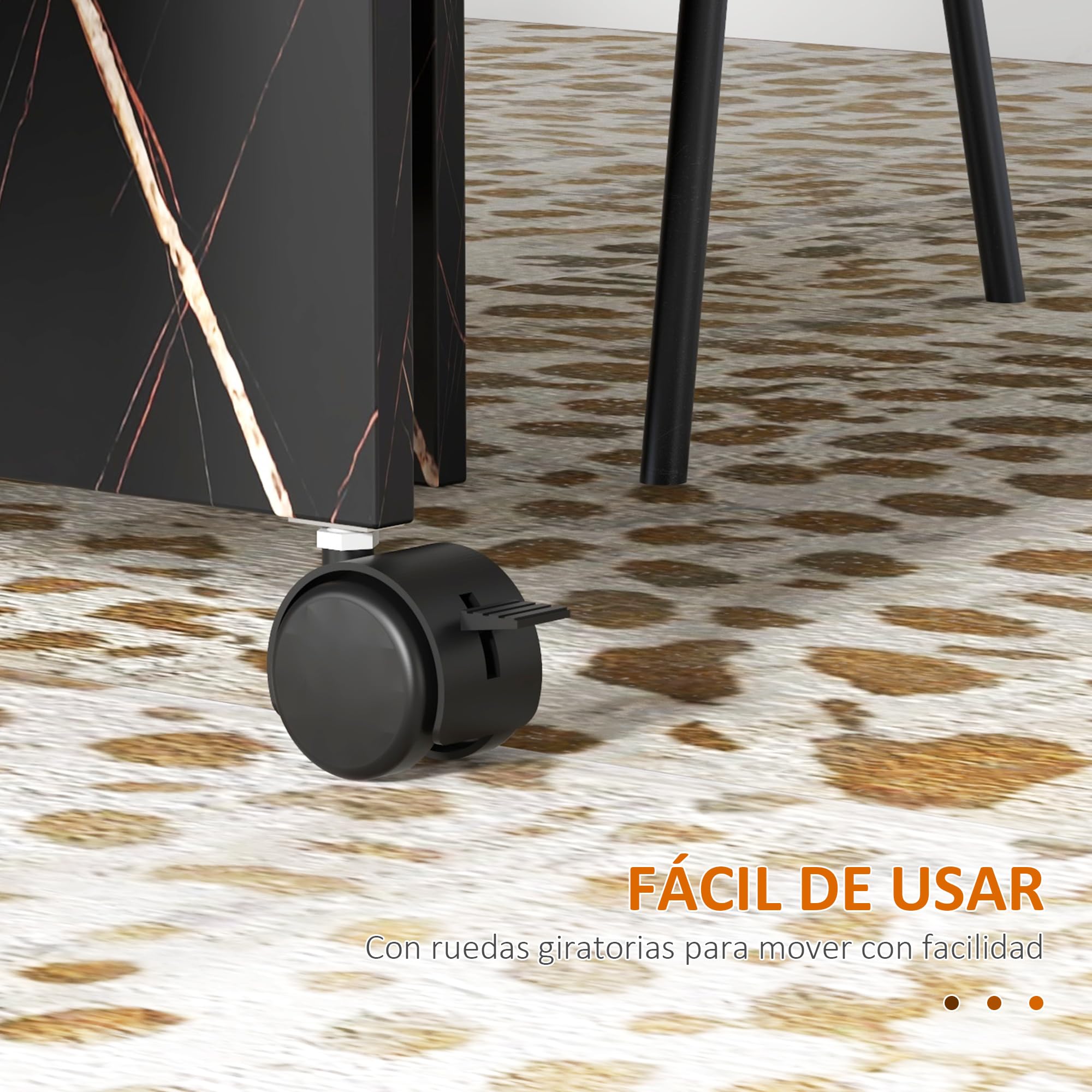 HOMCOM Mesa Plegable de Comedor Ruedas 120x80x73 cm Negro con Efecto Mármol | Mesa de Cocina Plegable, Alas Abatibles, Hasta 6 Personas, para Salón, Espacio Pequeño