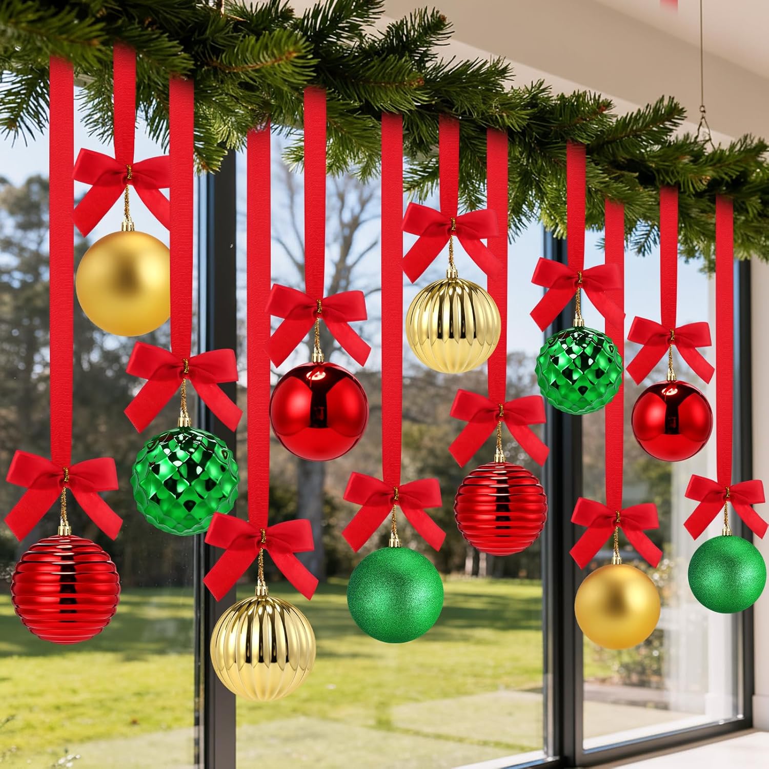 12 Pcs Gold Christmas Balls Ornaments for Ceiling 4" Large Big Shatterproof Christmas Hanging Decor Balls with Ribbon Bow for Tree Xmas Holiday Party Indoor Window Door Living Room Decor