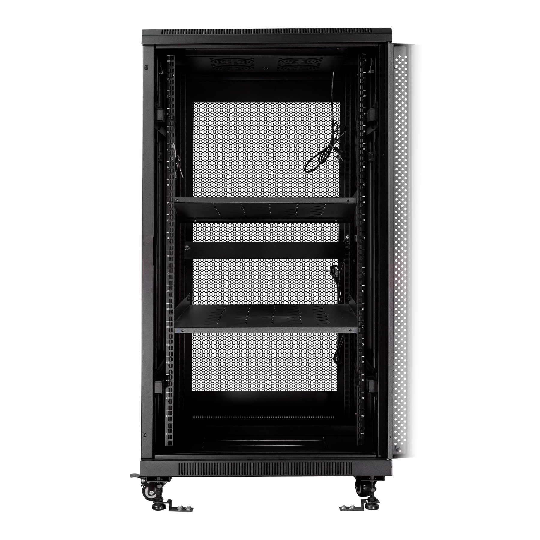 Aiten Data Armario Rack Suelo 19" 22U 600 x 600 x 1175 mm Montado con Accesorios: 2 Bandejas Fijas, 4 Ventiladores 120 mm, 1 PDU con 8 Puertos de 1U, Patas, Ruedas y Llaves