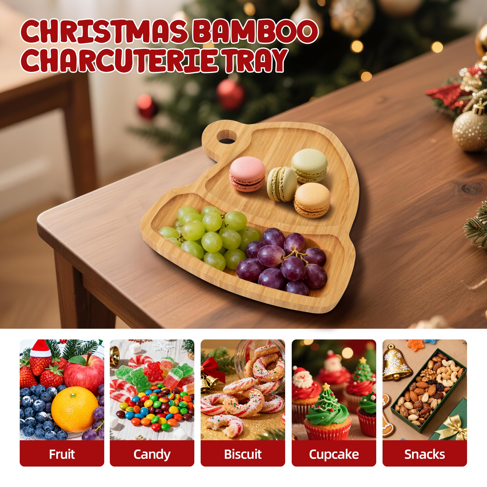 Piccolo Vassoio Natalizio in Bambù a Forma di Cappello di Natale – Piatto da Portata per Biscotti, Dolci e Decorazioni Festive
