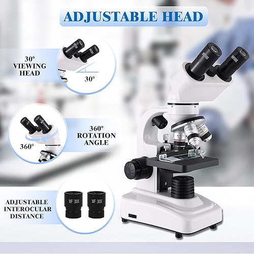 Miniatura 3 de Microscopio binocular para adultos, niños y estudiantes, microscopios 64X-6000X, 3 lentes objetivos, iluminación LED dual de cuerpo metálico, kit de