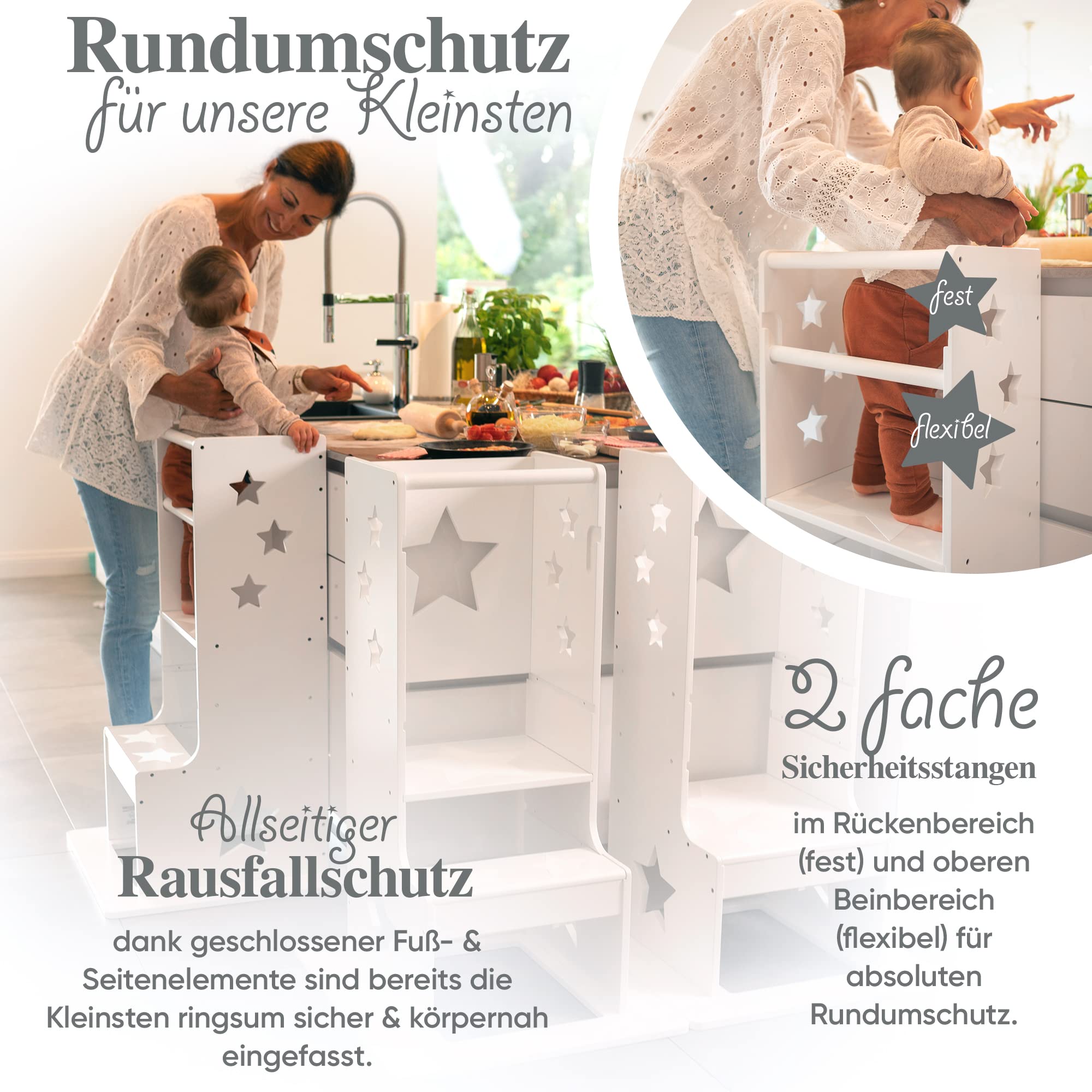 Kids Woody Star® Lernturm ab 1 Jahr [360° KIPPSCHUTZ] Höhenverstellbar Learning Tower Lernturm Montessori | Tritthocker Kinder | Schemel Lernstuhl Lerntower | Holz/Weiß