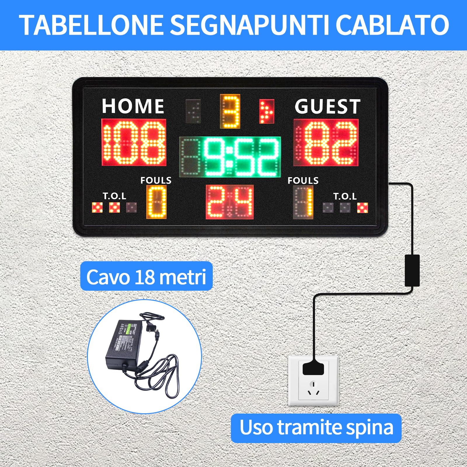 Tabellone segnapunti elettronico di Grandi Dimensioni Telecomando, tabellone segnapunti Digitale da Parete e Timer, cronometro per tiri da Basket 14/24 Secondi e Tempo Personalizzato