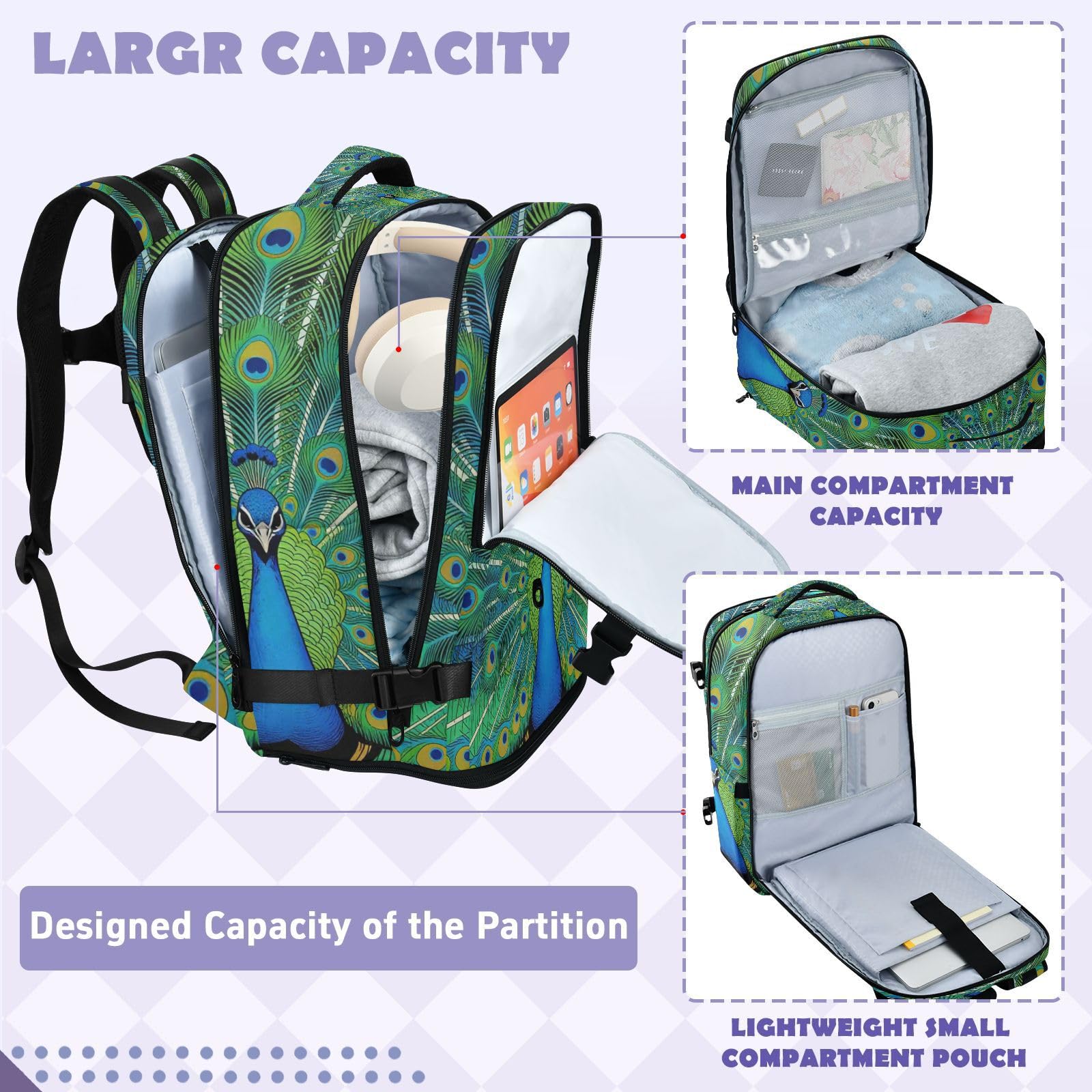 Plecak podróżny torba na laptopa 15,6 cala dla kobiet podróżny 20 l | Elegancka torba na laptopa pawie pióra torba na laptopa 16 cali do samolotów bolso para viaje 20 l