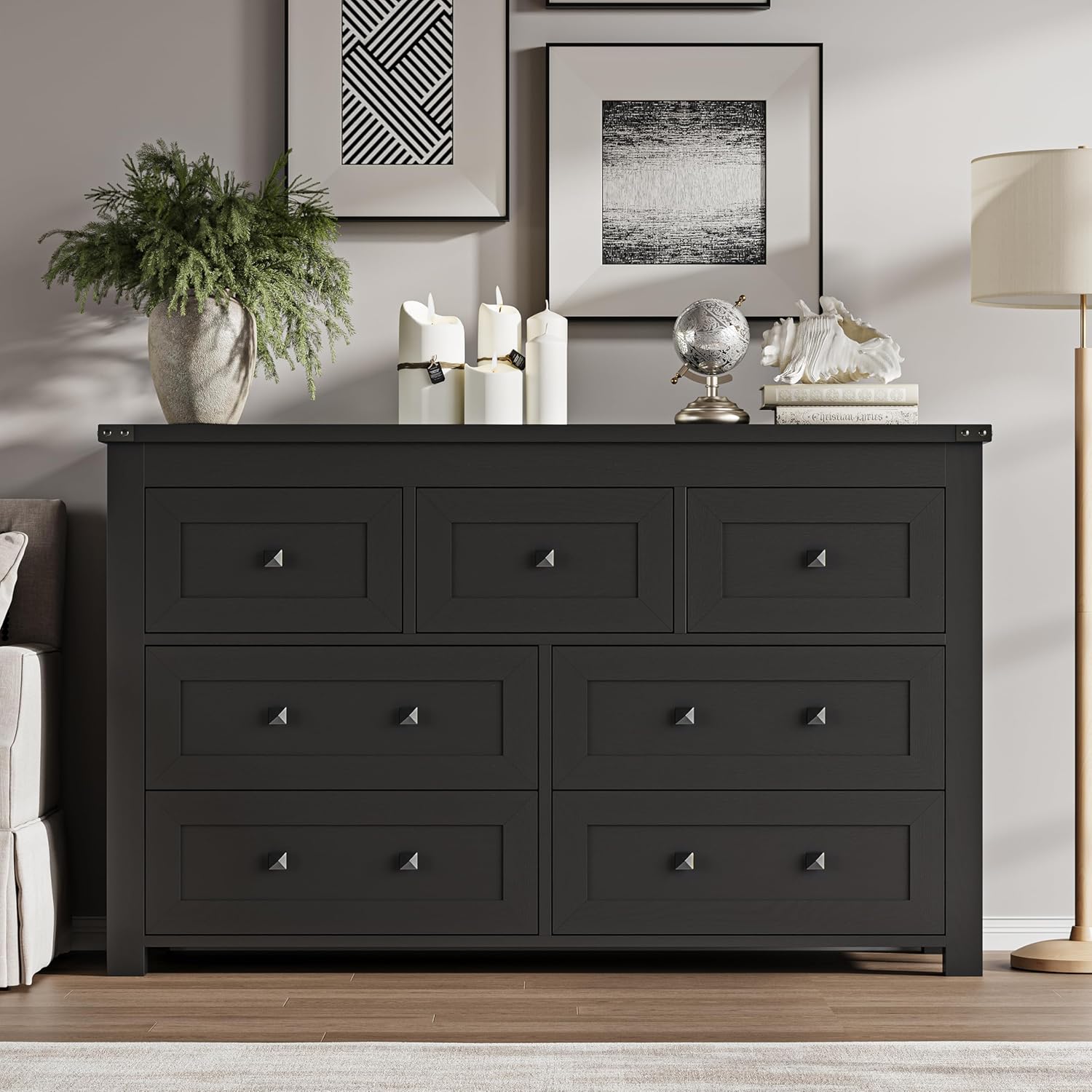 7-Drawer Dresser, Modern Wooden Storage Chest of Drawers, Dresser TV Stand, Wood Drawer Organizer with Metal Handles for Bedroom, Living Room, Hallway Black 7-Drawer