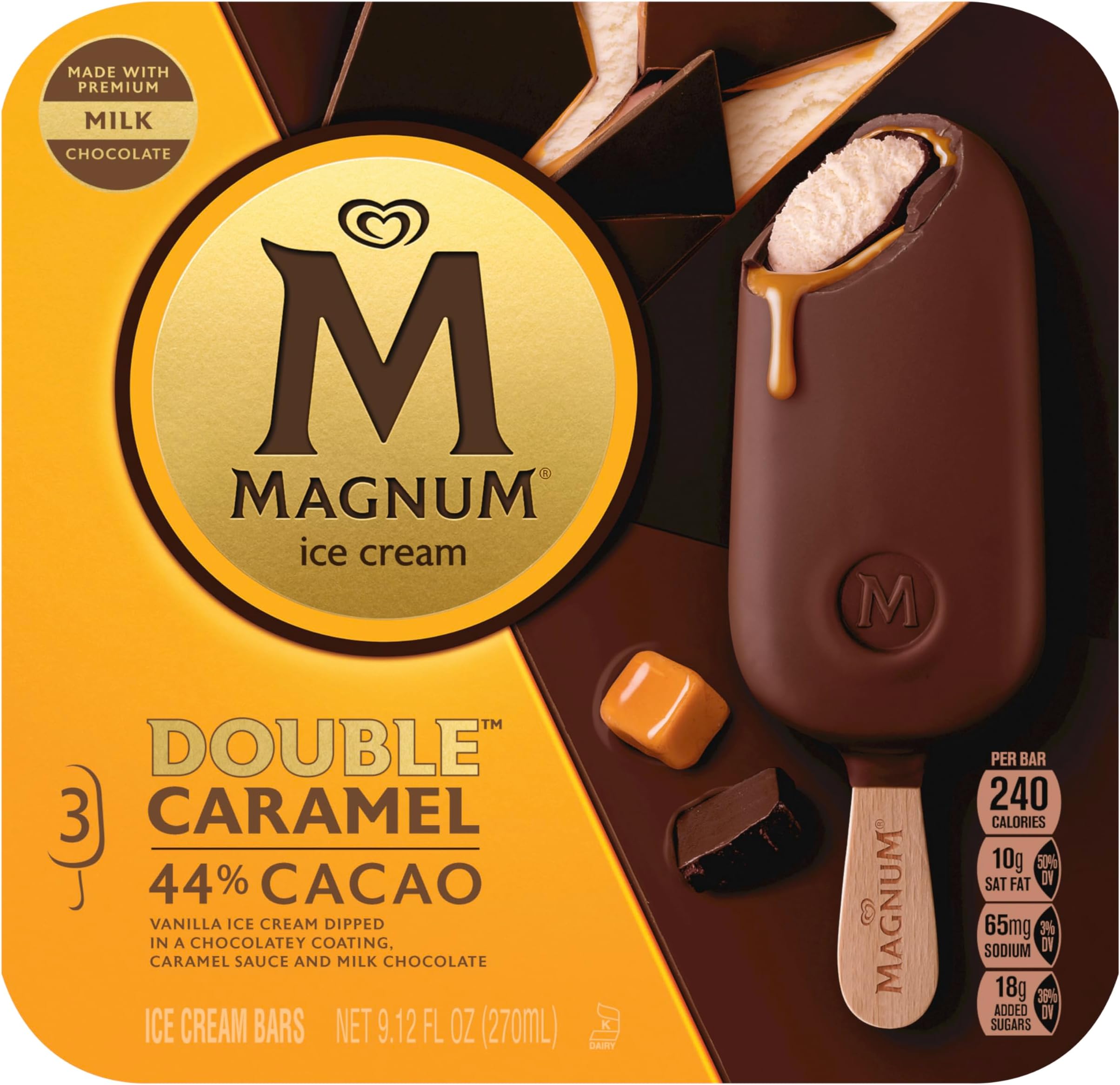 Magnum Ice Cream Bars 3 Count Double Caramel For a Creamy Frozen Dessert Made with Premium Milk Chocolate, 44% Cacao 9.13 Oz
