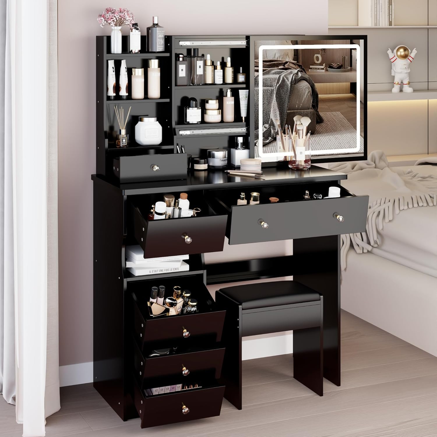 37" Vanity Desk with Mirror and Lights, Makeup Table with Led Lights and Sliding Mirror, 3 Lighting Colors, Vanity Set with 6 Drawers and Stool for Bedroom, Black