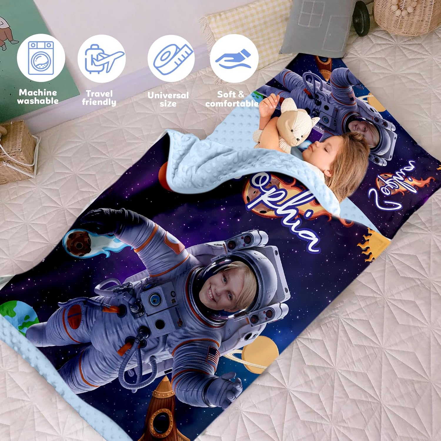 Custom Toddler Nap Mat for Daycare, Boys Girls Travel Sleeping Bag Kids Nap Mats with Pillow Blanket for Preschool Kindergarten, Personalized Name&Face, Easy Carry Nap Sack