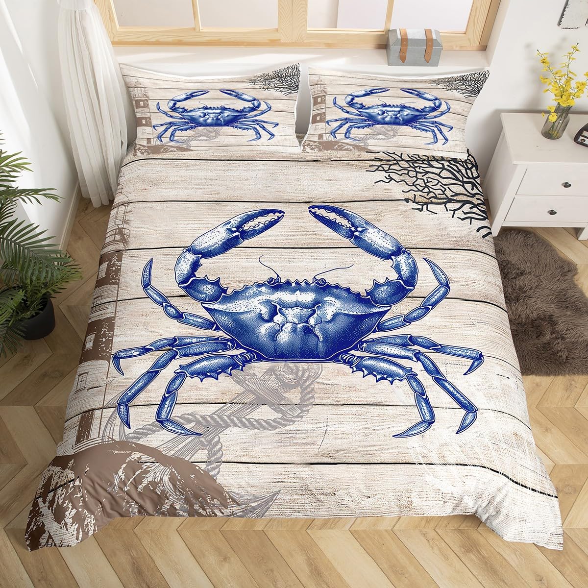 Crab Duvet Cover Toddler Size,Ocean Animals Underwater Coral Comforter Cover with 1 Pillowcase,Wooden Stripes Bedding Set 2pcs for Kids Boys Girls,Grey Blue Coastal Quilt Cover,Not Comforter