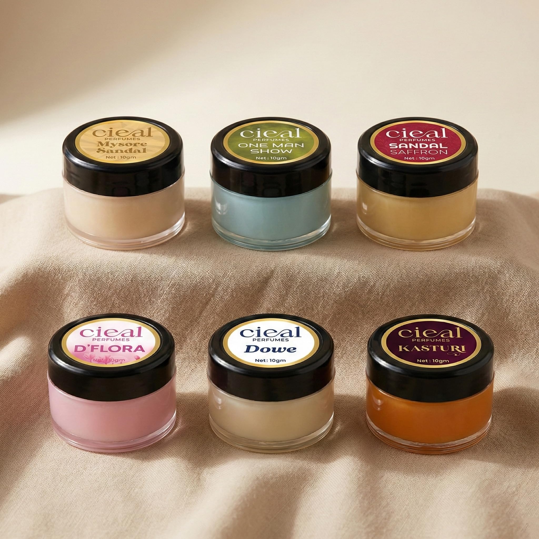 CIEAL Solid Perfume Set of 6 Signature Collection (Sandal Saffron, Kasturi, Dowe, D'Flora, One Man Show & Mysore Sandal) | Alcohol-Free Long Lasting Solid Cologne | Pocket Size Travel-Friendly Perfume for Men & Women | Floral Woody Musky Fragrance Gift Set