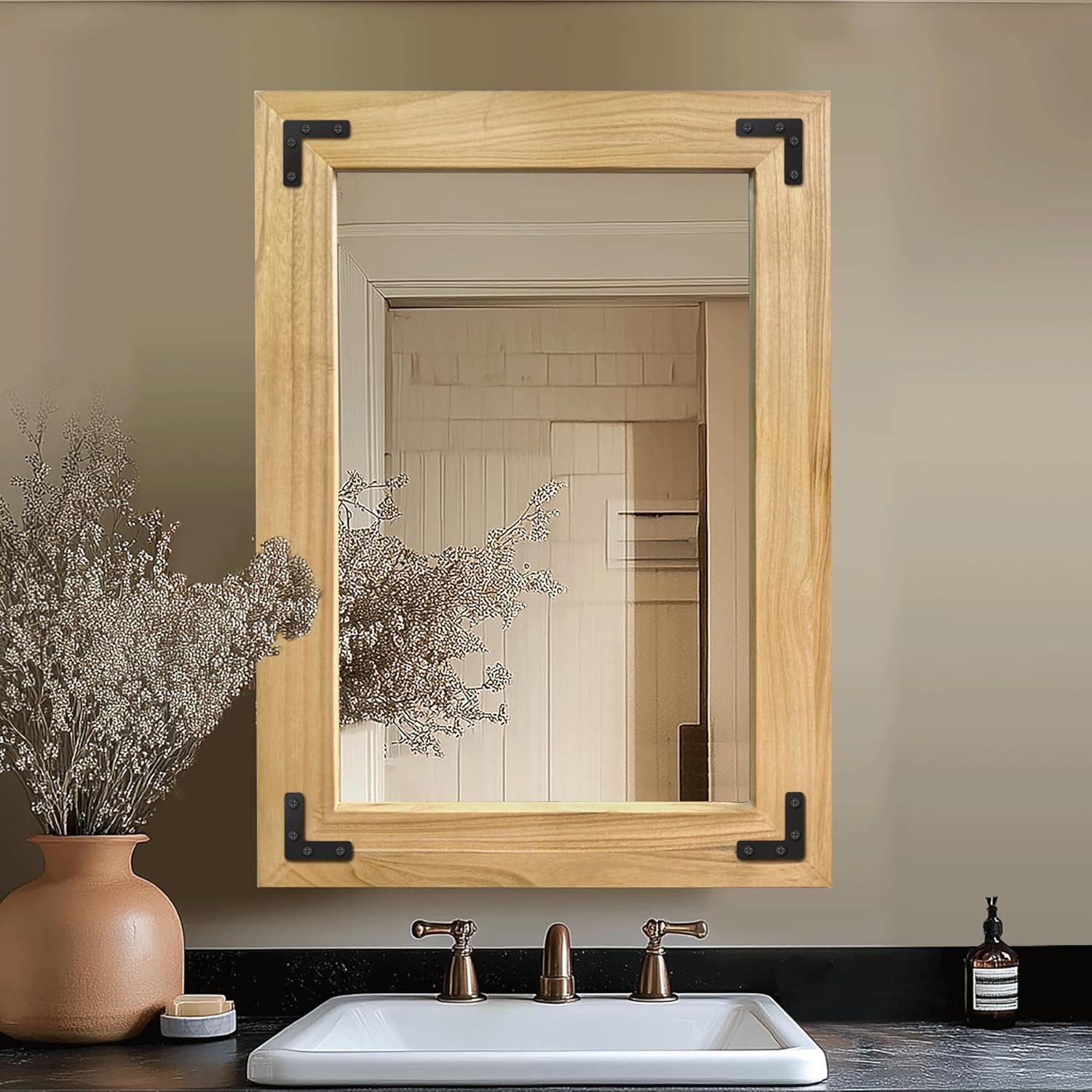 木製フレーム付き壁用バスルームミラー 50.8cmx71.12cm 無垢材 バニティミラー 農家、浴室、寝室用、垂直または水平吊り下