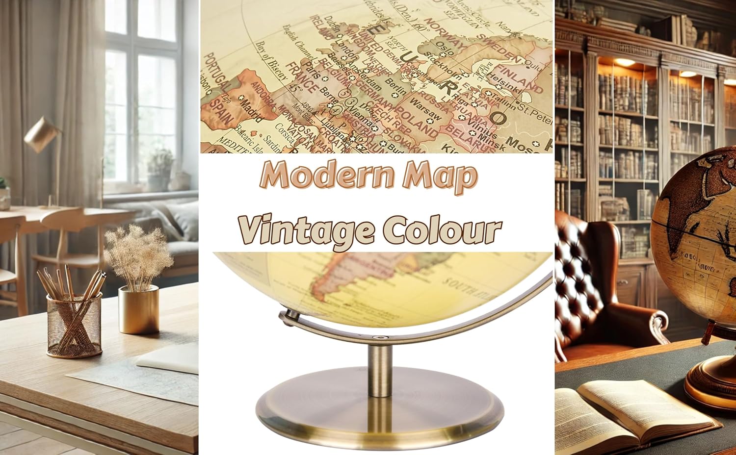 Exerz 12" World Globe Antique Metal Arc and Base Bronzed colour - Educational Geographic Earth Globe - Modern Map in Vintage Color