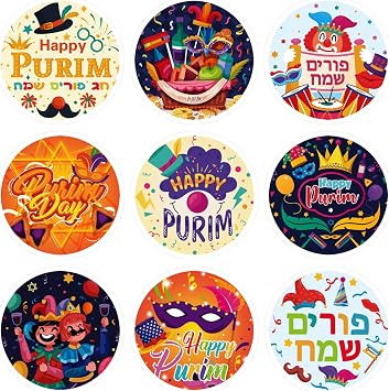Happy Purim Stickers Decals Party Supplies Decorations, Jewish Holiday Purim Carnival Party Favors, Jar Containers Labels, Envelop Invitation Letter Cards Decals Stickers - Set of 180 Counts