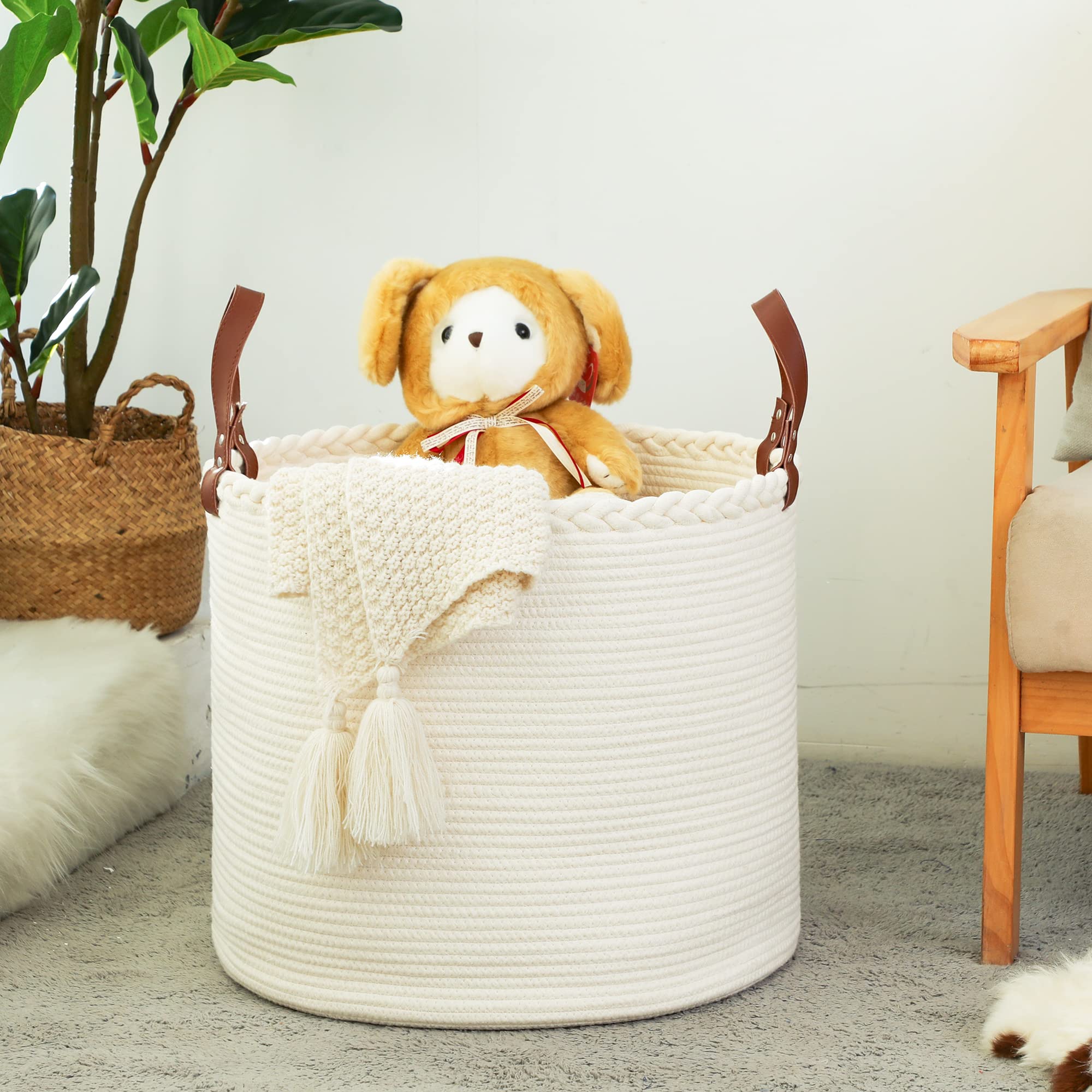 KAKAMAY Large Cotton Rope Blanket Basket - White -3