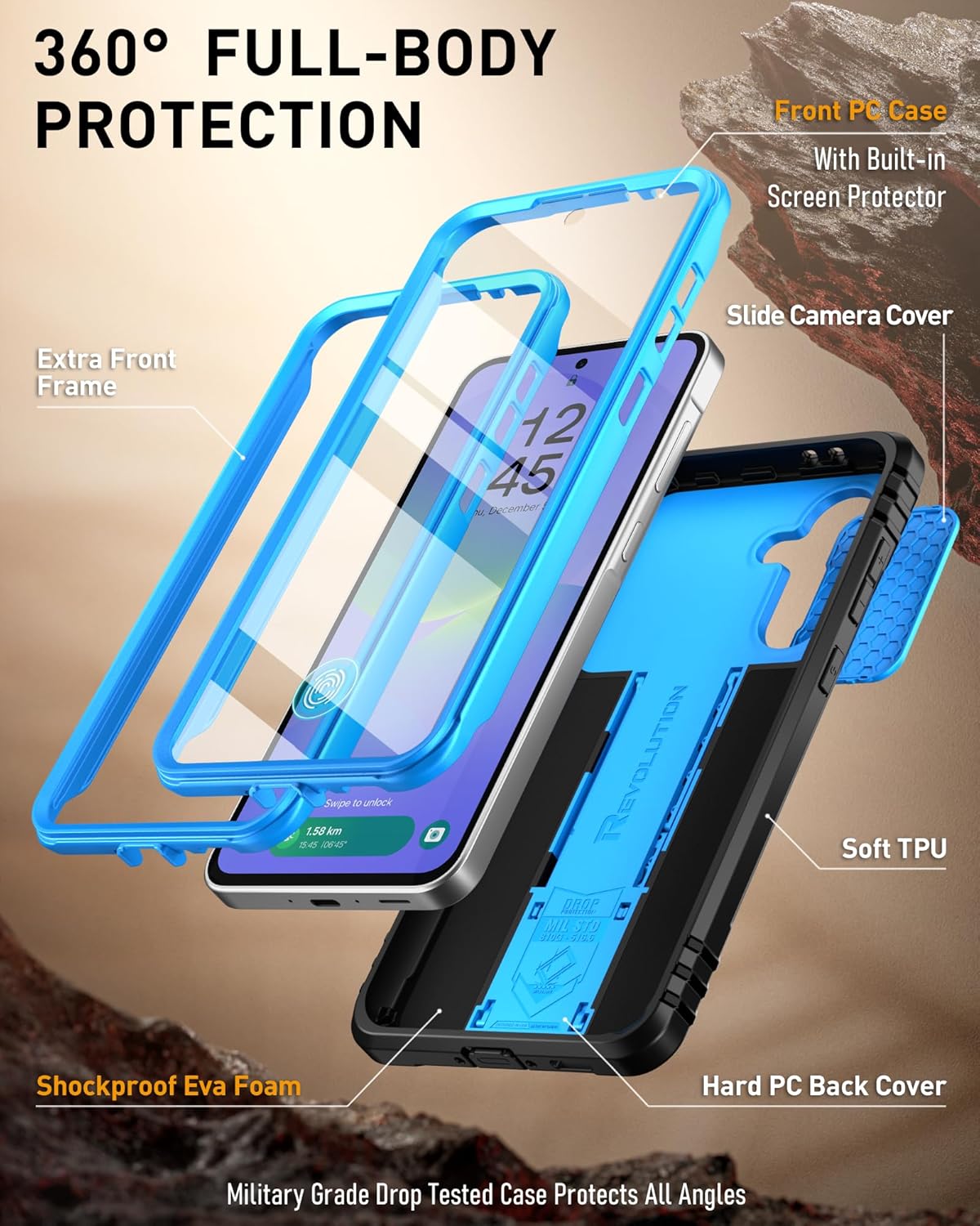 Poetic Revolution Case for Samsung Galaxy A36 5G, [Slide Camera Cover] [Screen Protector Works with Fingerprint ID] Military Grade Rugged Shockproof Galaxy A36 5G Phone Case with Kickstand, Light Blue