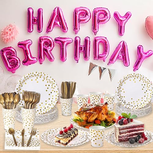 Vista 9 de Birthdayparties 175 platos desechables, platos de papel para fiestas, el juego de vajilla incluye platos llanos de 9 pulgadas, platos de postre de 7
