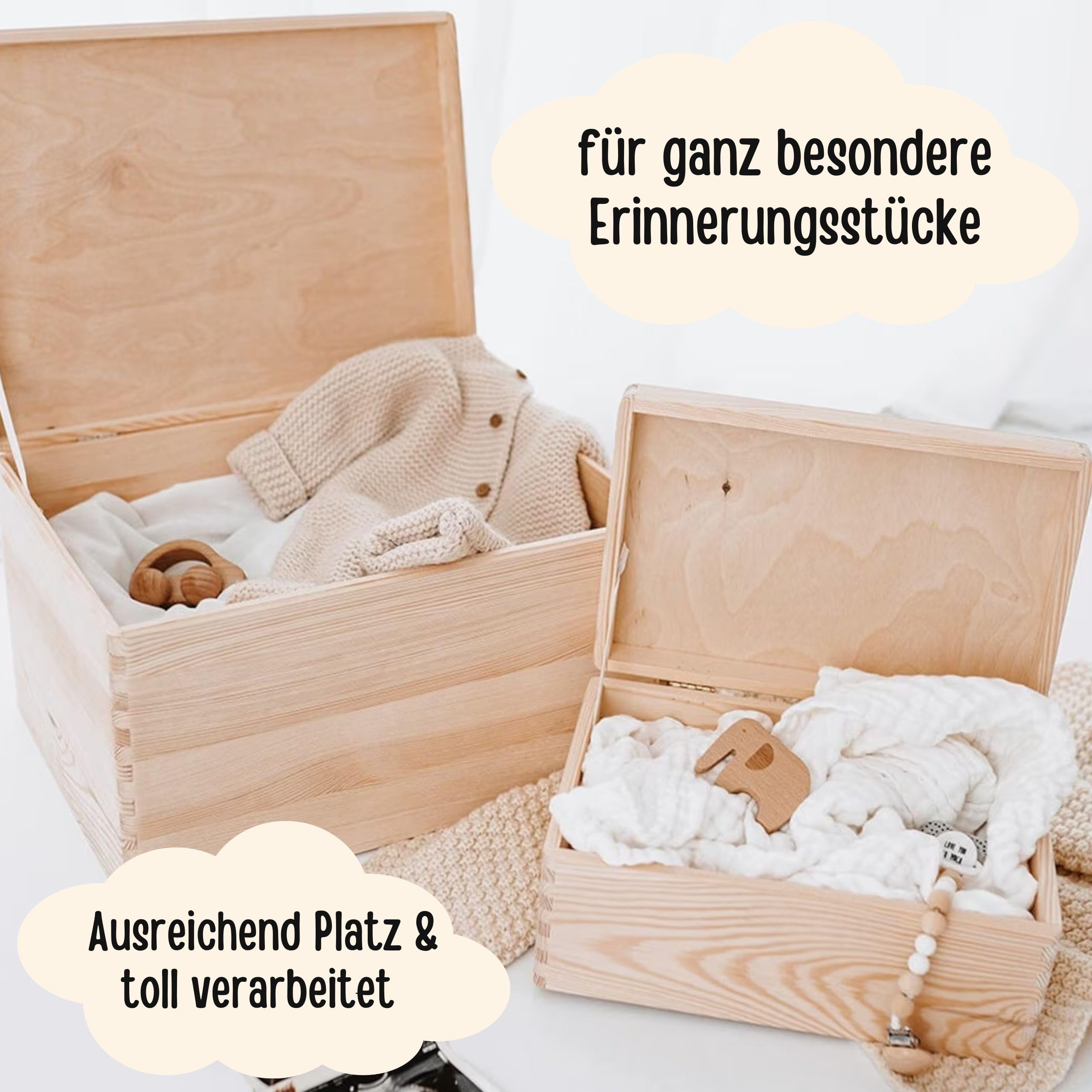 wunderwunsch® - Personalisierte Erinnerungsbox Baby mit Spezial-Druck - Baby Erinnerungsbox aus Holz - Geschenk zur Geburt (Blumenkranz Kindheitserinnerungen, S | 30 x 20 x 14 cm)