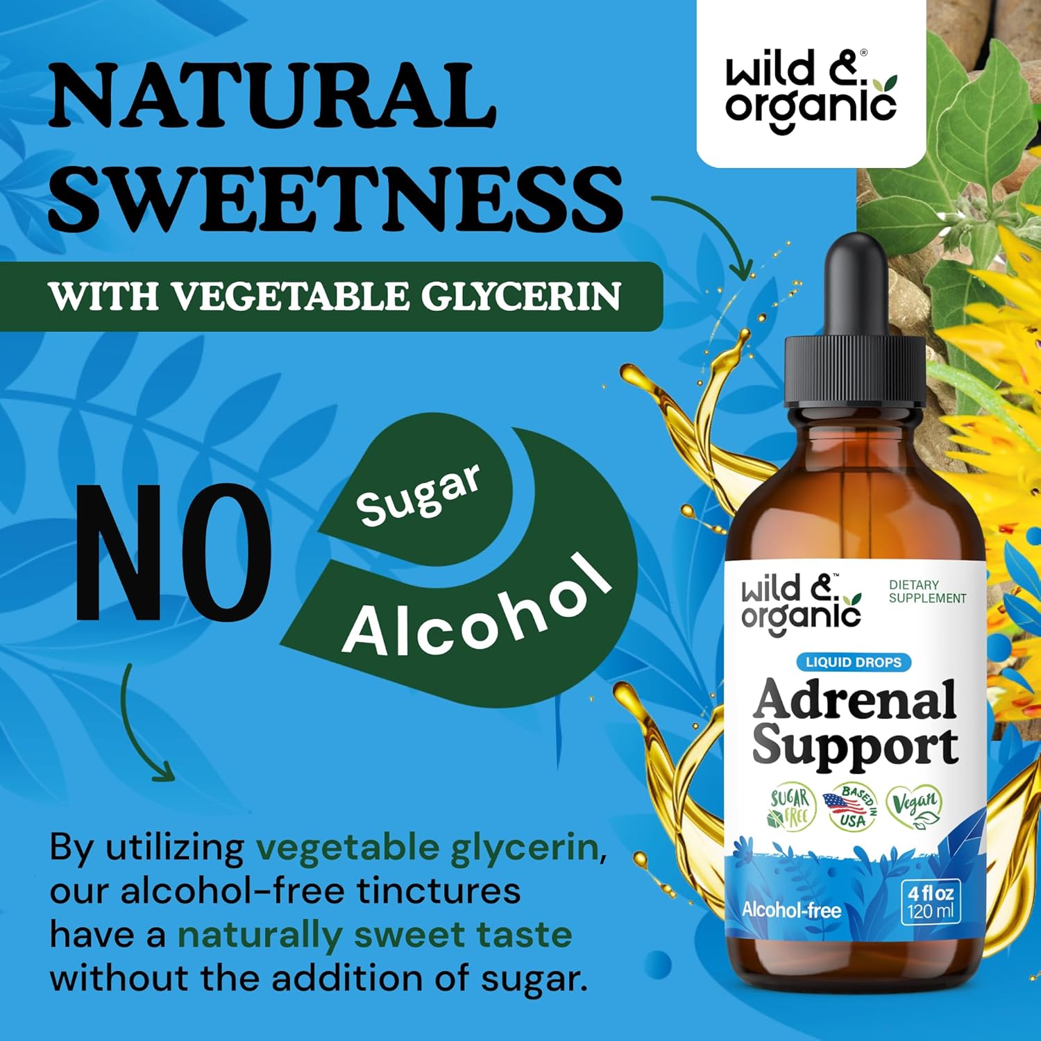 Wild & Organic Adrenal Support Supplements - Mood & Energy Support - Ashwagandha & Rhodiola Rosea Extract Complex for Women & Men - Add to Tea Liquid Drops - Vegan, No Sugar & Alcohol - 4 fl oz