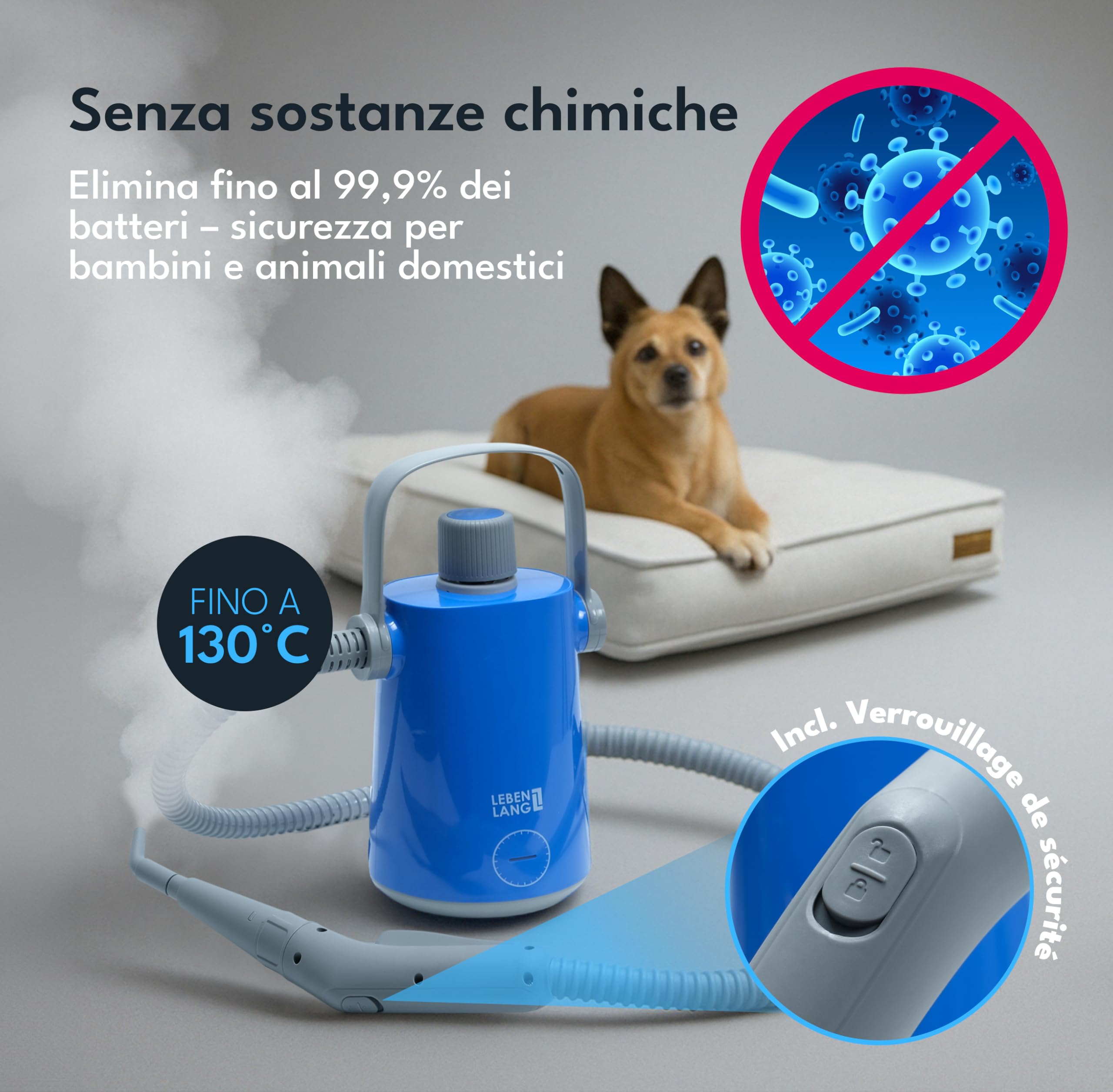 LEBENLANG Pulitore A Vapore Professionale - 130°C, 3,5 bar & 1000W I 12x Accessori I Steam Cleaner Pistola A Vapore per Pulire Casa Pulizia Pulitrice Macchina A Vapore Per Pulizie 100 Gradi Lavavetri