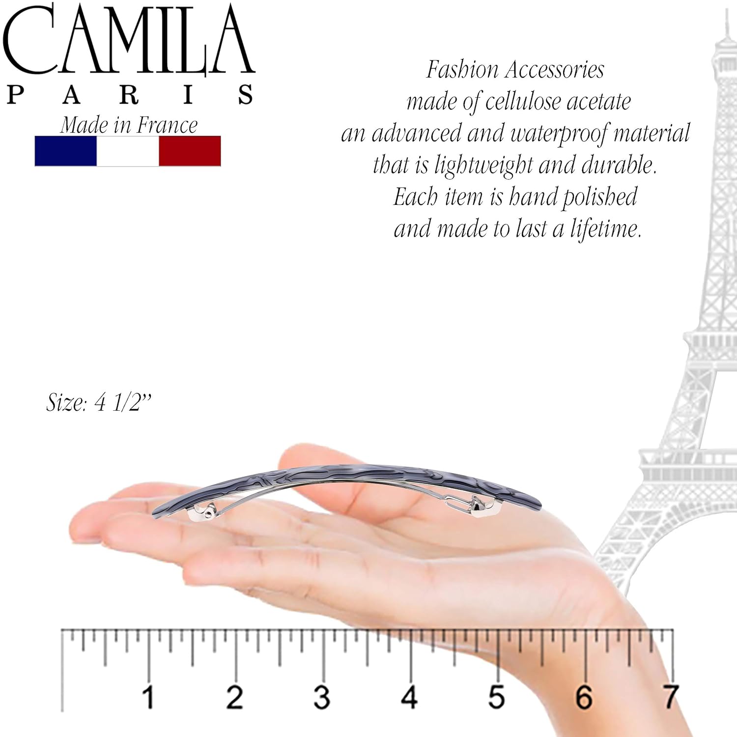 Camila Paris CP2978 French Hair Barrette Large Handmade Gray, Long Skinny Strong Hold Grip Hair Clips for Women, Thin Automatic No Slip and Durable Styling Girls Hair Accessories, Made in France - Image 3