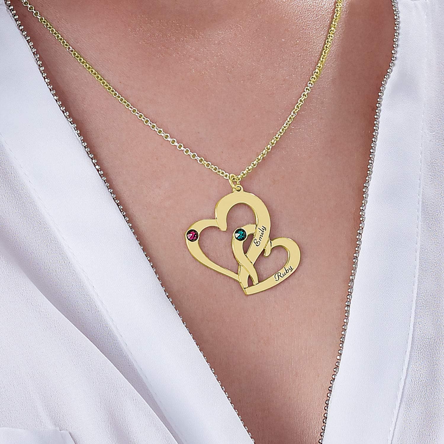 Personalized Heart Necklace with Engraved Names - Sterling Silver, Gold Plated or Solid Gold - With Birthstone or Diamond options - Up to 4 Inscriptions