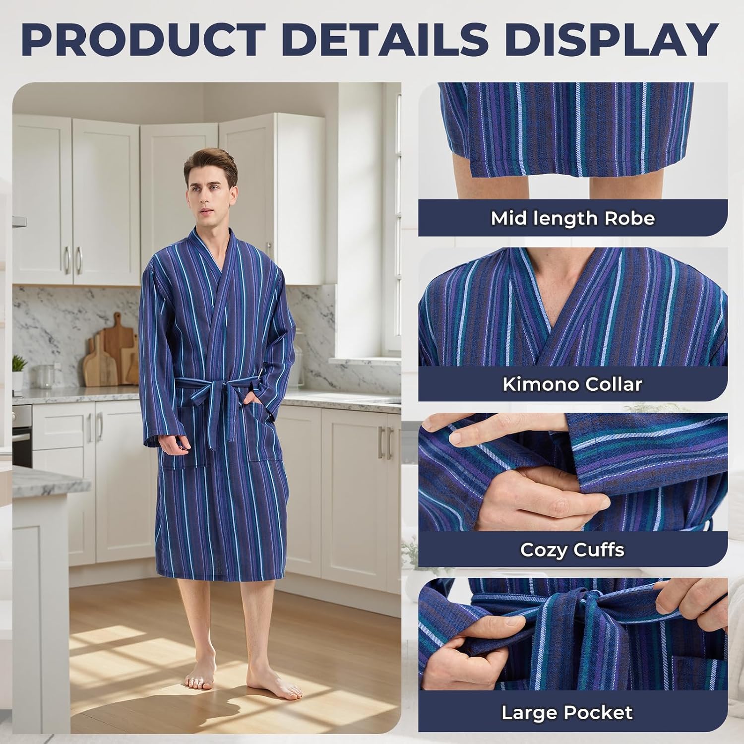 Men's Lightweight Cotton Flannel Robe All Seasons Comfy Collar Spa Bathrobe with Large Pockets
