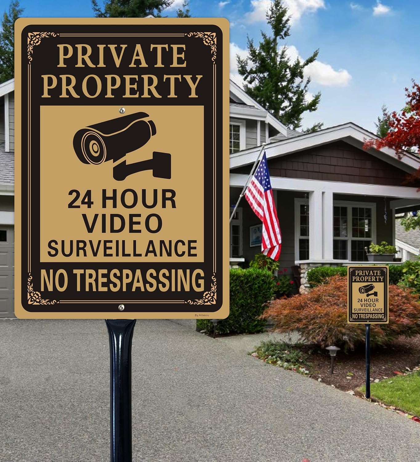 2 Pack Private Property No Trespassing Signs with 36-Inch Metal Stakes,14x10 Inches 24 Hour Video Surveillance Sign,Rust Free Aluminum, Hardware included