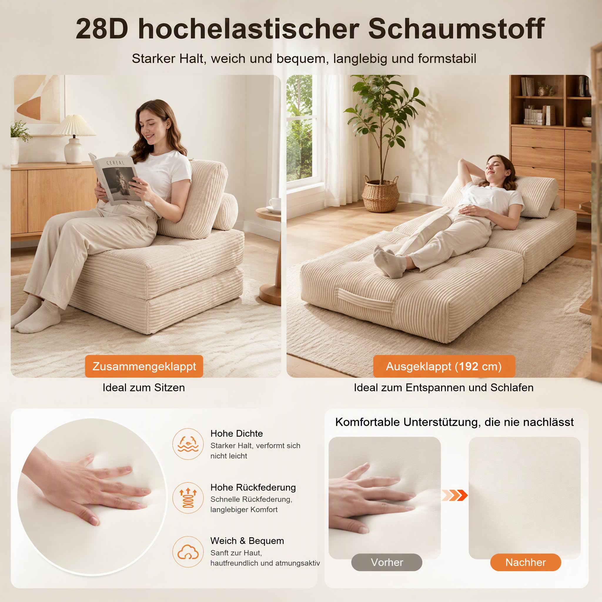 Faltbares Schlafsofa aus Hochflor mit Kopf-Lendenkissen, 192x96cm (Beige)
