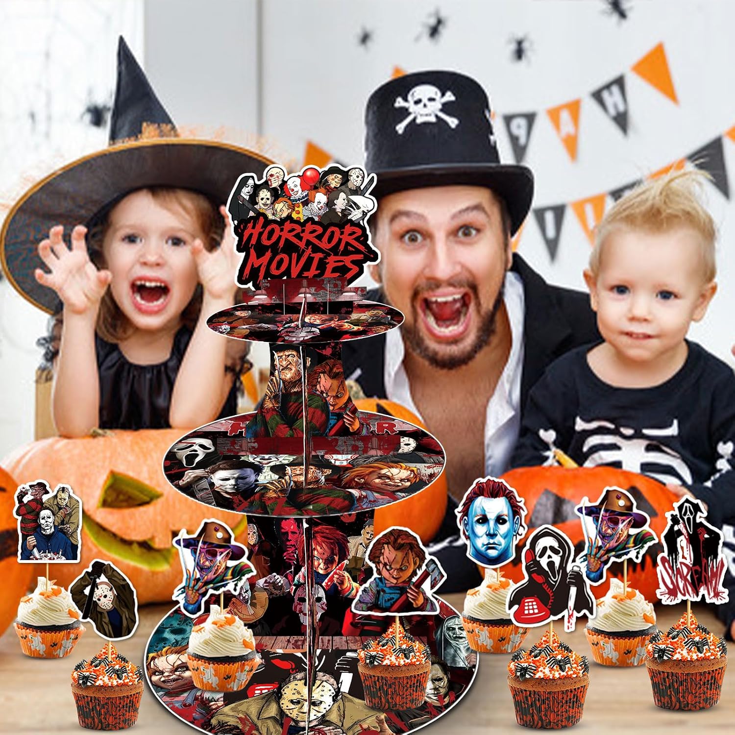Halloween Cupcake Stand Halloween Birthday Party Decorations 3 Tier Cupcake Holder with Cupcake Toppers for Horror Scream Birthday Decorations