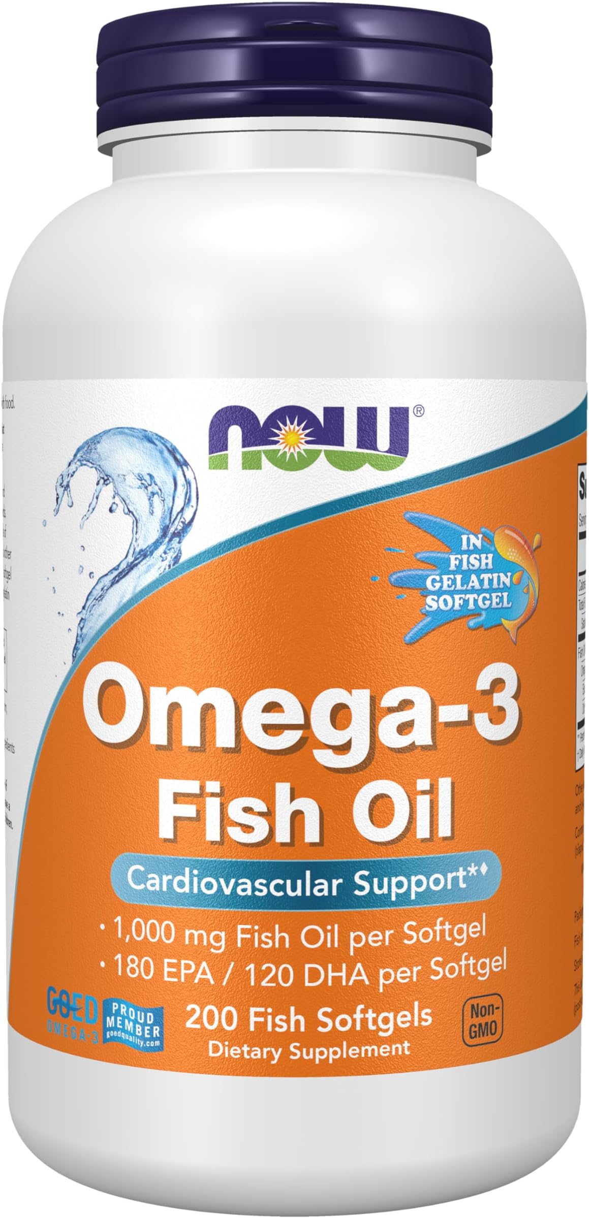 NOW Supplements, Omega-3 180 EPA / 120 DHA, Molecularly Distilled, Cardiovascular Support*, 200-Fish Gelatin Softgels