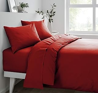 Sleepdown Sábana Bajera extraprofunda, Color Rojo Individual, Lino Algodón Polialgodón Poliéster, Suelto