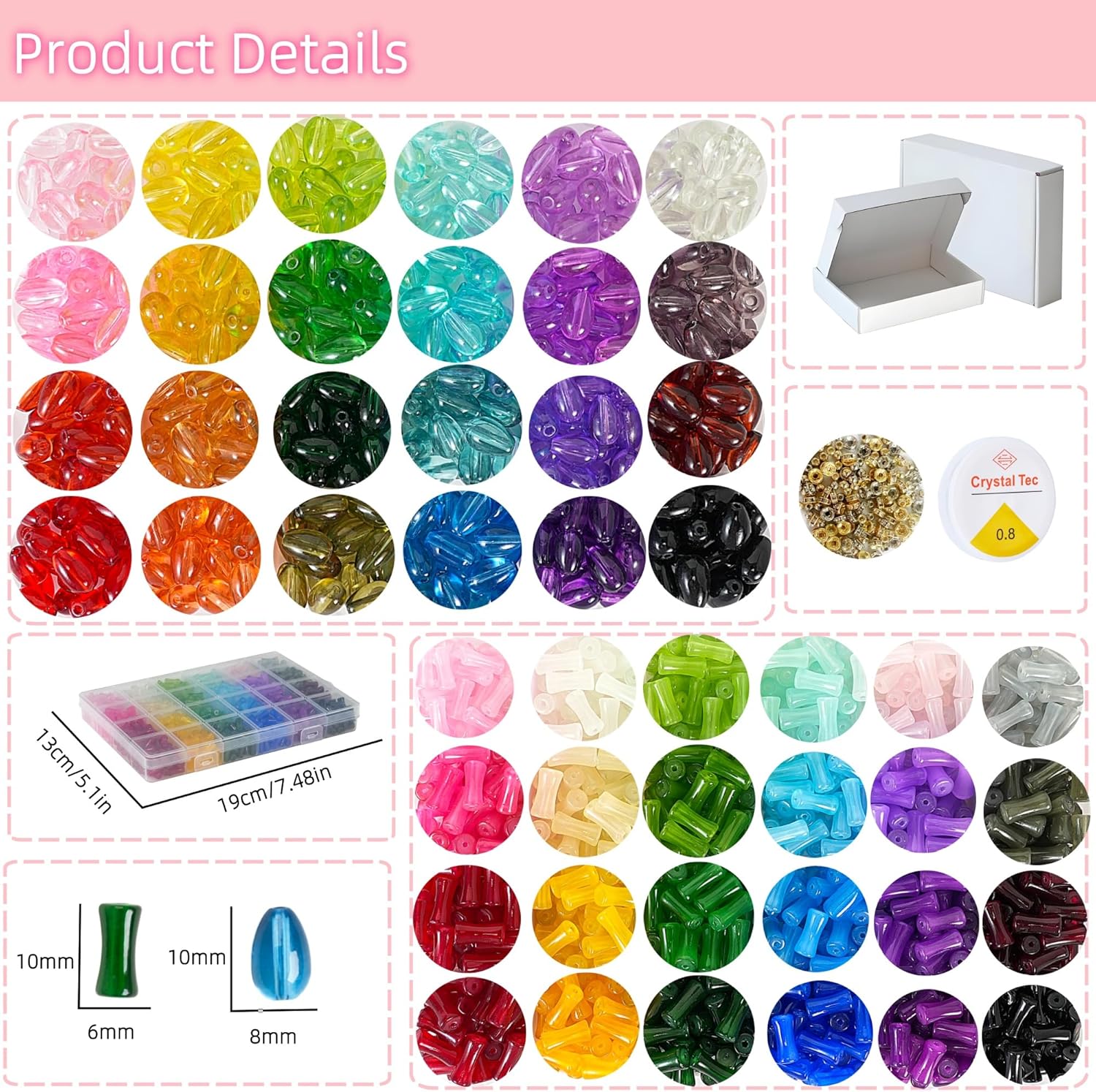 REVKI 1200pcs Glass Beads Bracelet Making Kit, 48 Colors Crystal Beads for Jewelry Making,Strange Shaped Glass Beads for Bracelets and DIY Crafts(Teardrop and Bamboo) - Image 3