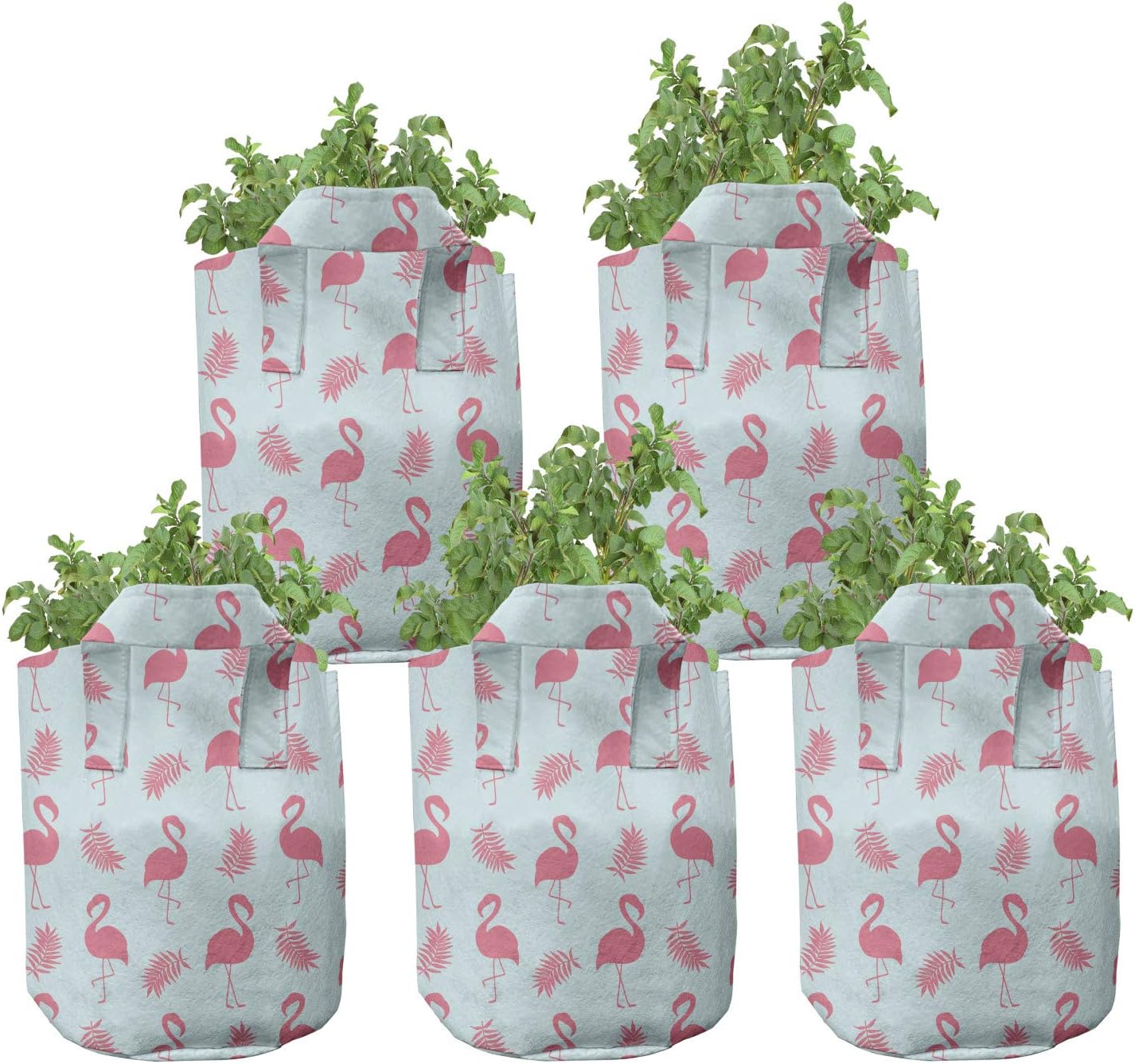 Ambesonne Art Grow Bags 5-Pack, Flamingo and Tropic Leaves, Heavyduty Fabric Pots with Handles for Plants, Dried Rose Pale Blue