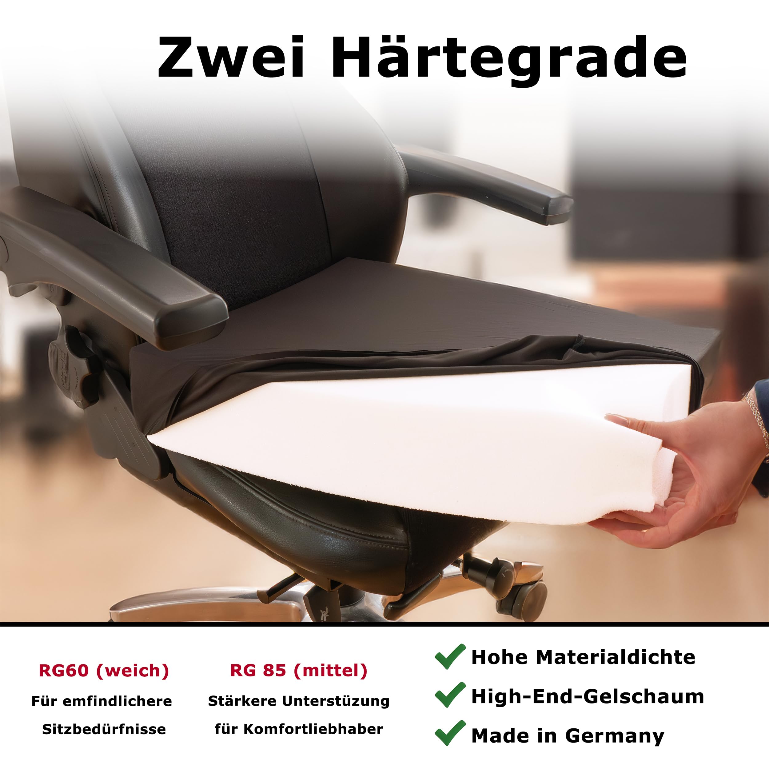 Orthopädisches Anti Dekubitus Viscoschaum Sitzkissen 52x45x10 cm – Made in Germany | Sitzpolster Ergonomisch & druckentlastend (RG 85 (mittel) Polyesterbezug schwarz)